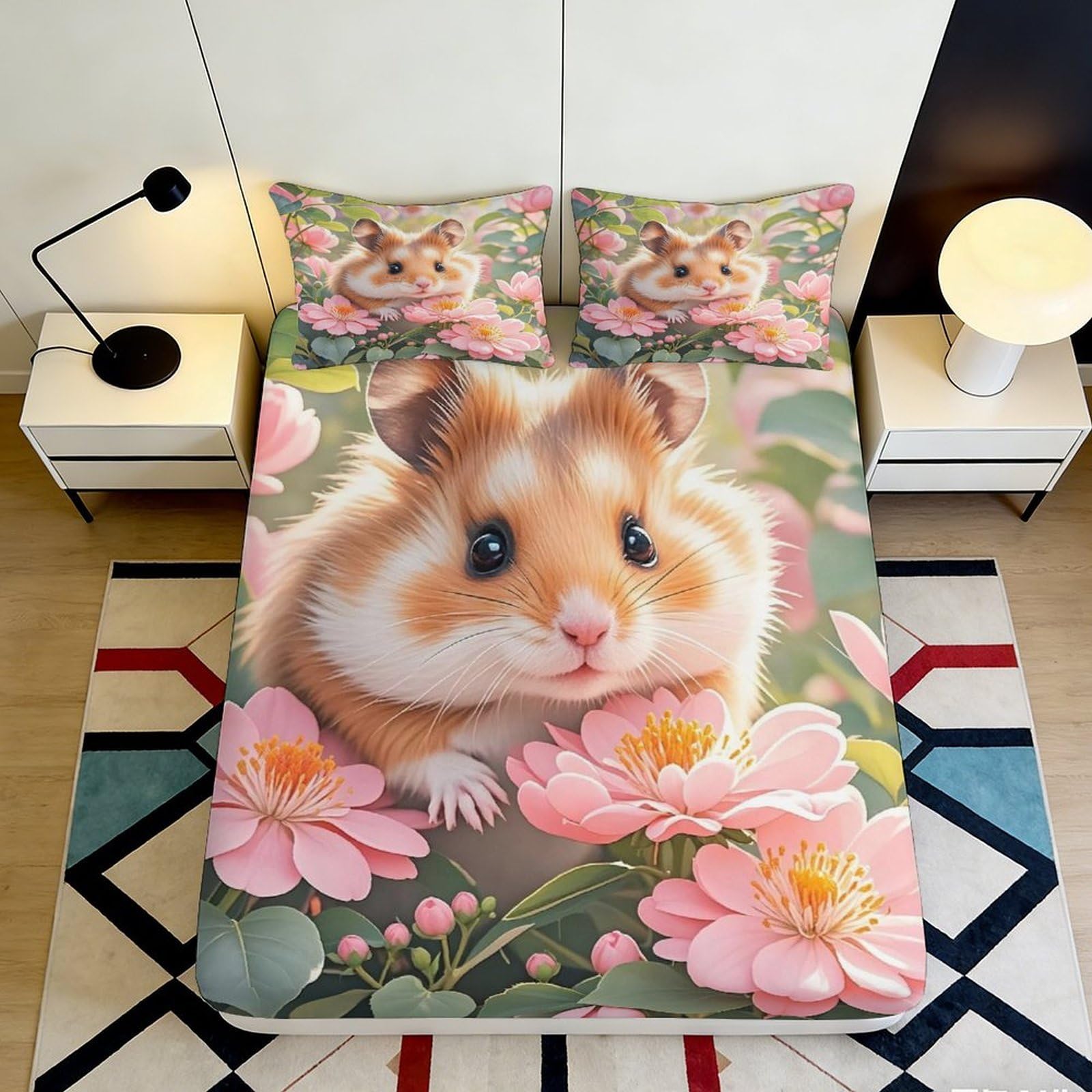 3D Printed Cute Hamster Fitted Sheet Microfiber Pink Floral Bed Cover for Bedroom Dorm Mattress Protector Decor 90x200x25cm