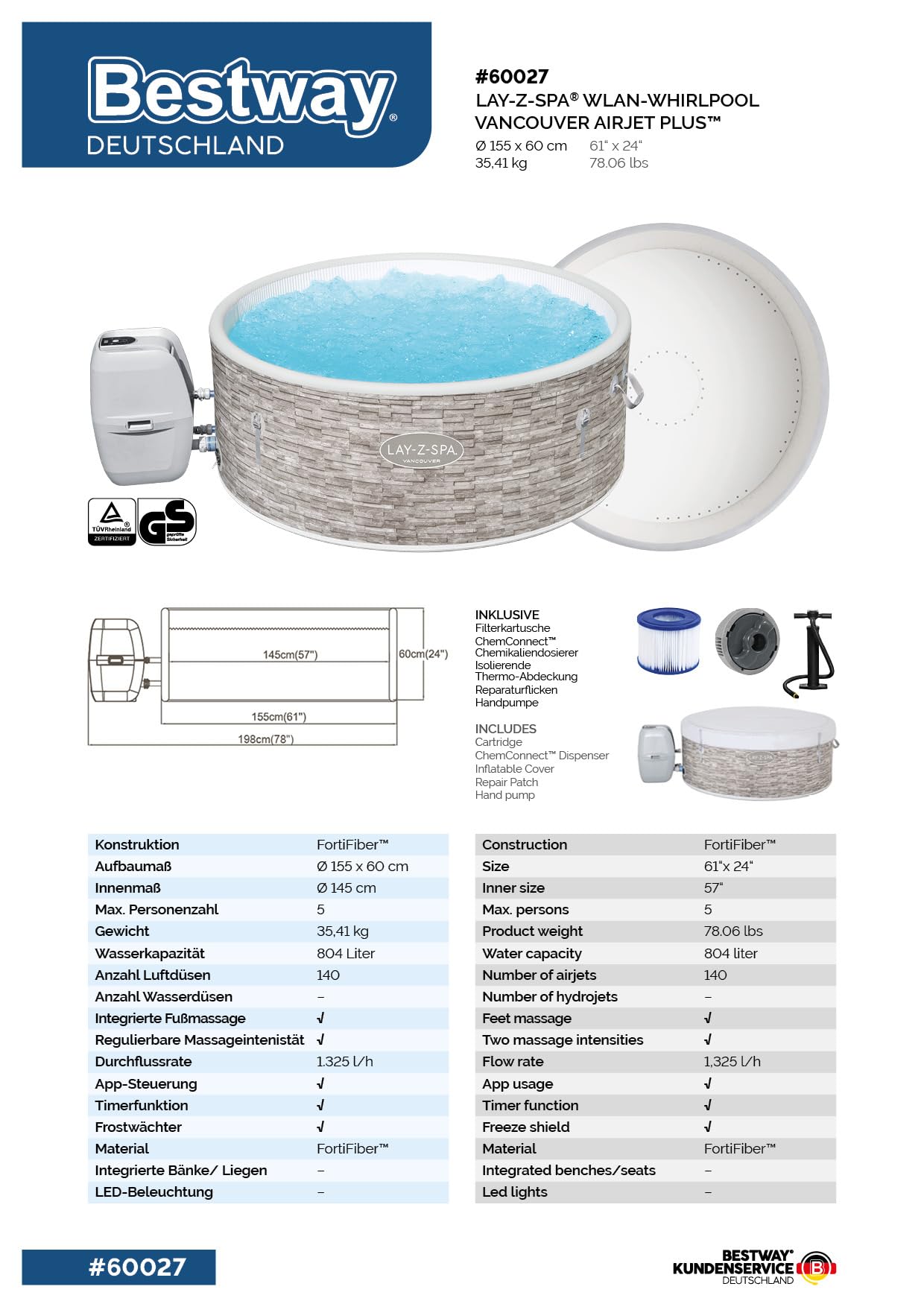 Bestway® Lay-Z-SPA® Vancouver AirJet Plus™ WiFi Whirlpool, 155 x 60 cm, mit App-Steuerung, 3-5 Personen, rund, Stein-Optik | mit App-Steuerung, 3-5 Personen, rund, Stein-Optik