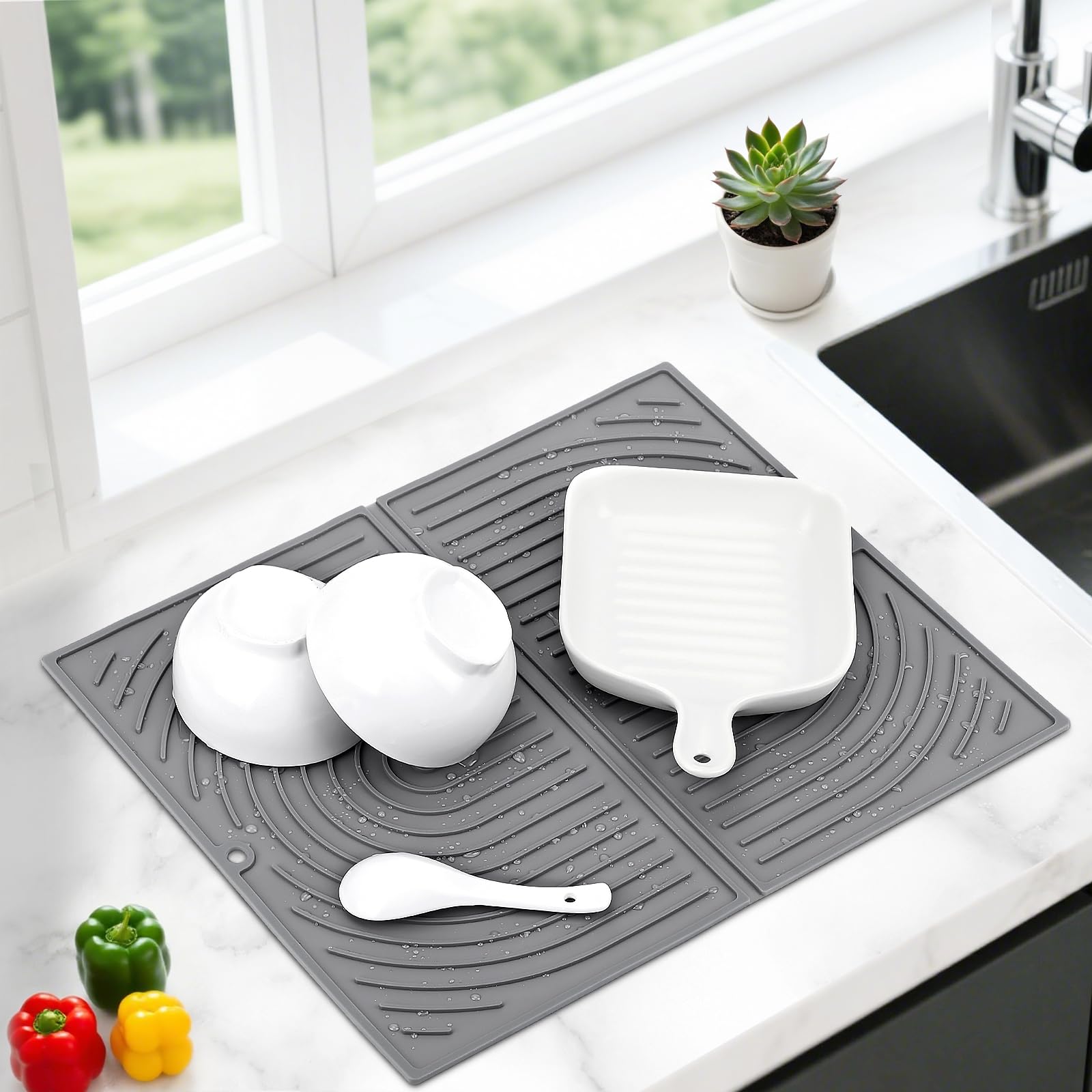 Silicone Draining Board Mats, Dish Drying Mat for Kitchen Counter, Folding Sink Drainer Mat, Non-Slip Silicone Trivet, Quick Drying, Heat Resistant, for Sink, Countertop, 43×34cm (Grey)