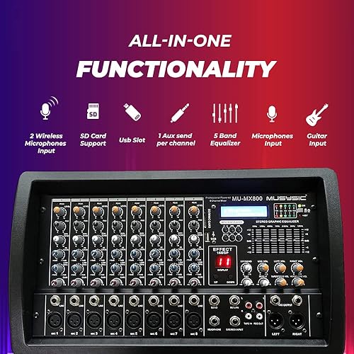 Miniatura 8 de MUSYSIC PROFESIONAL 8 CANALES 8000W MEZCLADOR DE POTENCIA CON Efectos de sonido DSP reales y BluetoothUSBSDFM Función de radio MU-MX8fx