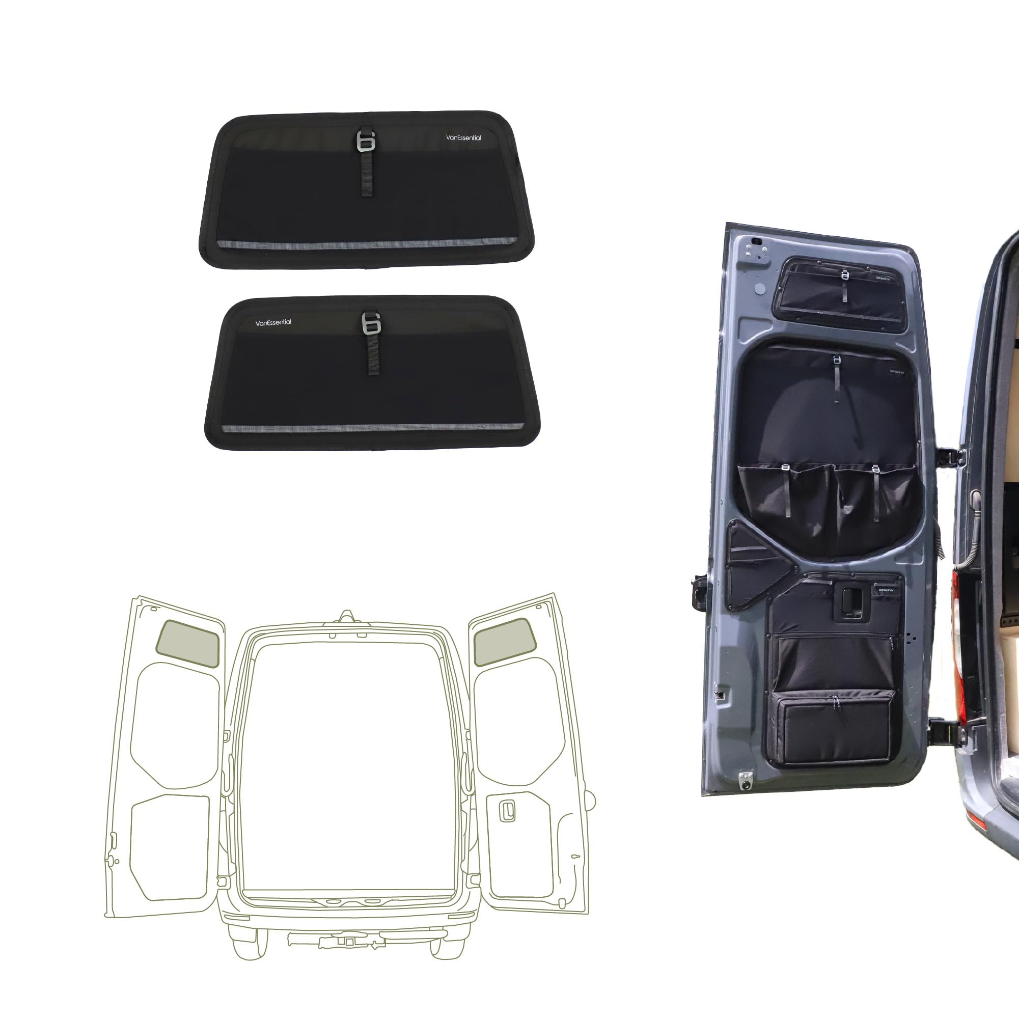Vanessential Black Rear Door Upper Storage Panels (Pair) Designed For Mercedes-Benz Vs30 & Ncv3 (Van Years 2007 To Current Model)