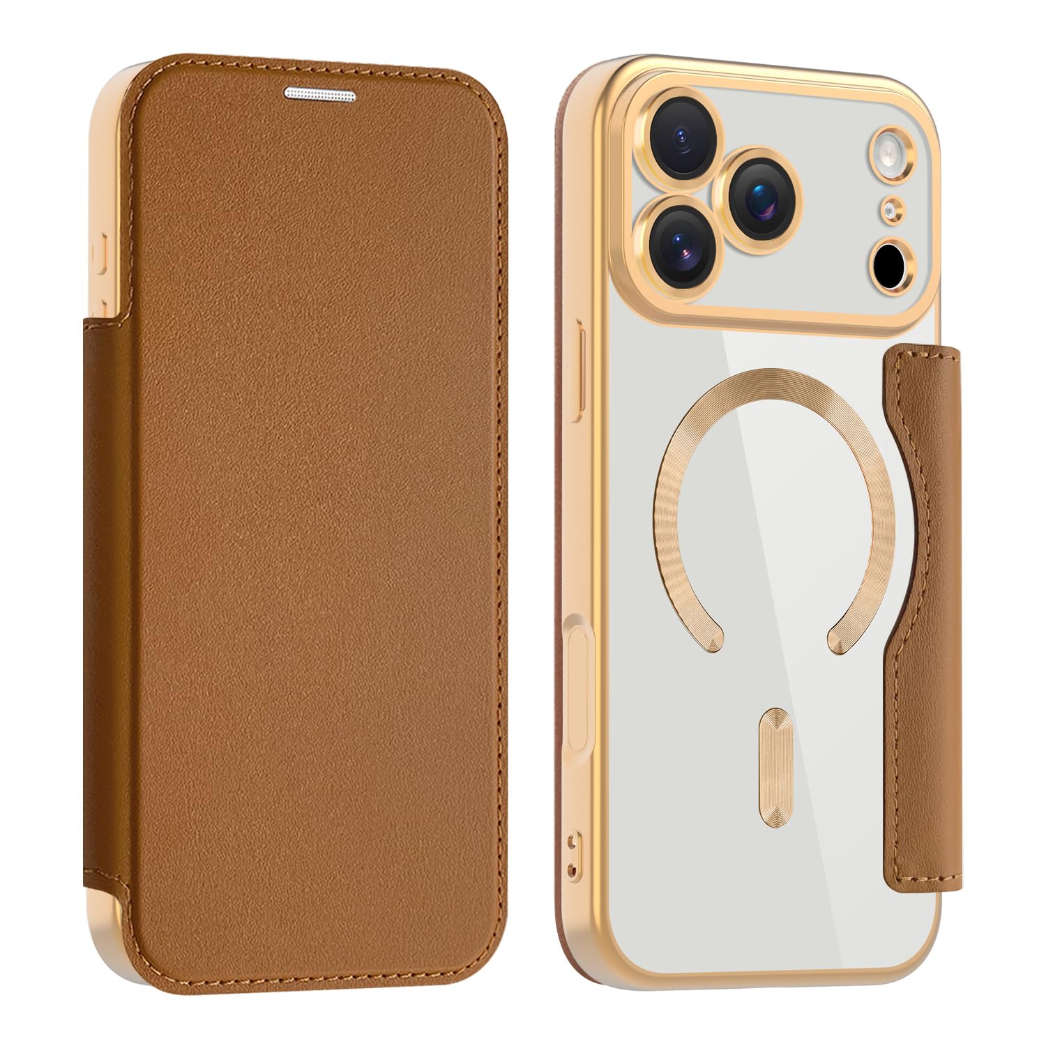 【REHOOF】iPhone 17 pro max ケース 手帳型 magsafe対応 背面 透明 クリア 財布型 アイフォン 17 プロマックス ケース マグセーフ 手帳 ワイヤレス充電対応 カード入れ PU革 レザー スマホケース 軽量 薄型 防塵 耐衝撃 全面保護 スマホカバー（ブラウン）