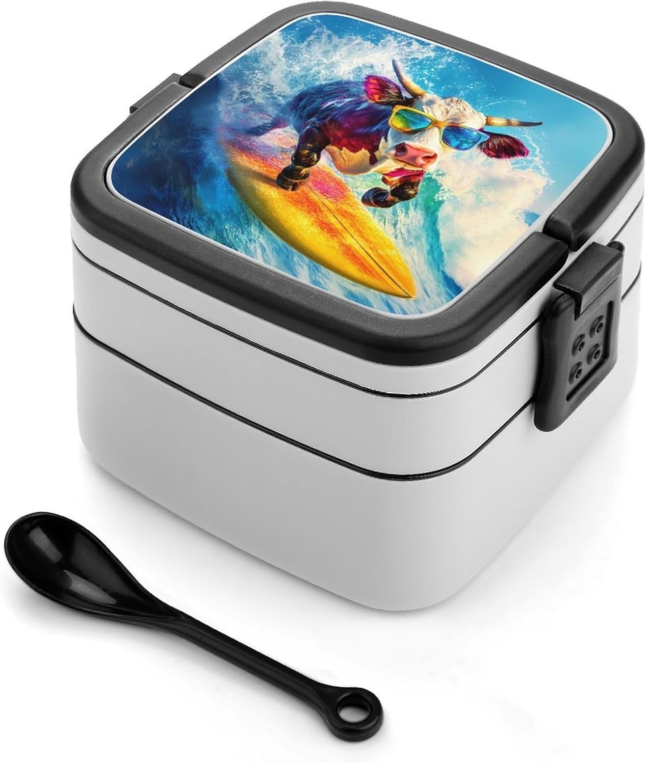 Funny Cow Ocean Surfing Bento Box with Spoon 2 Layer Food Container Cute Lunch Box for Travel Dining Work