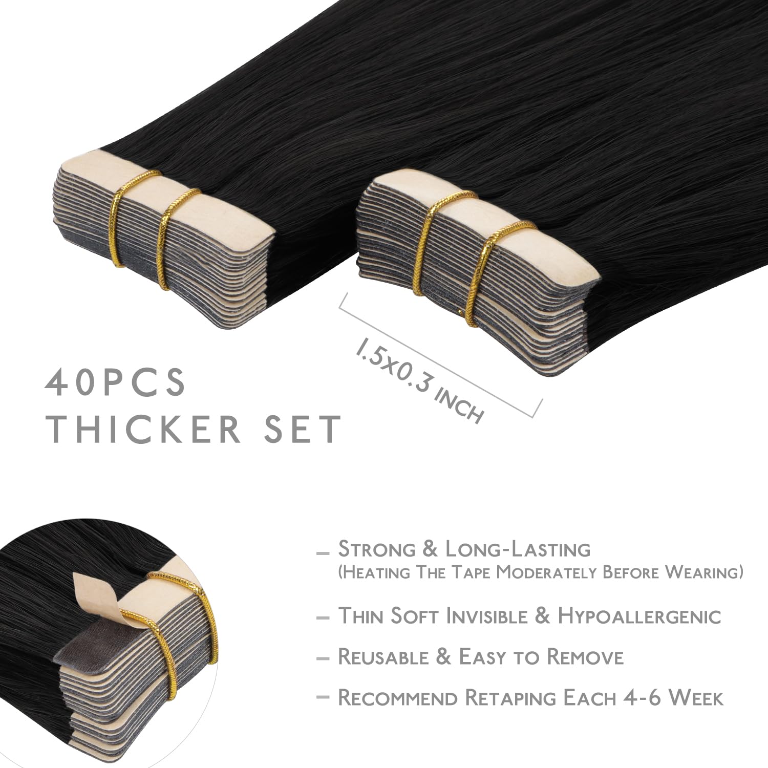 WENNALIFE Tape in Hair Extensions Human Hair, 22inch 40pcs 98 Jet Black Real Human Hair Tape Extensions - 3