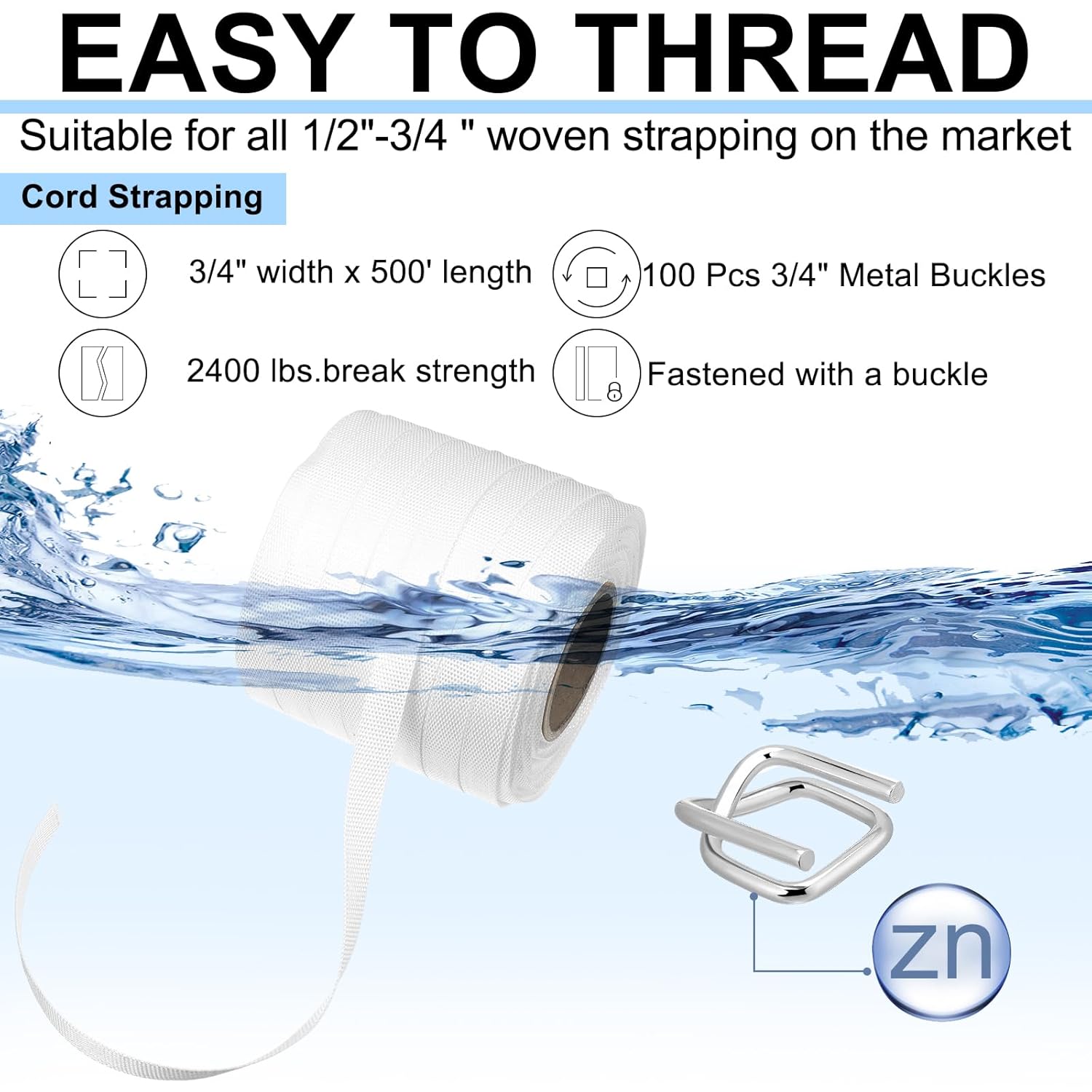 3/4" x 500' Woven Cord Strapping Kit, Woven Cord Banding Packaging Strapping Roll and 100 Pack Metal Wire Buckles, 2400 Lbs Break Strength
