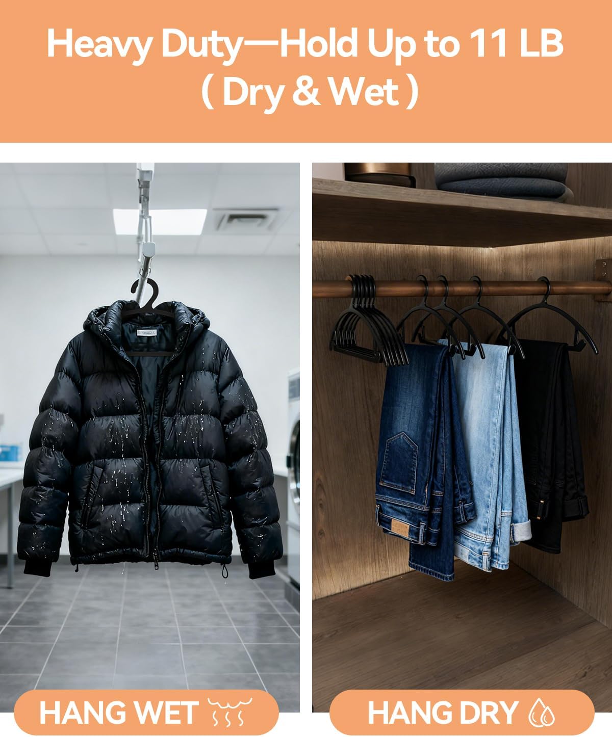 100 Pack Clothes Hangers, Non Slip Heavy Duty Plastic Hangers, Space Saving All-in-One Garment Hangers for Dresses Suits Jeans Knits, Hold Up to 11 LB Dry & Wet, 16.4" x 8.3",Black,UAPY08100B