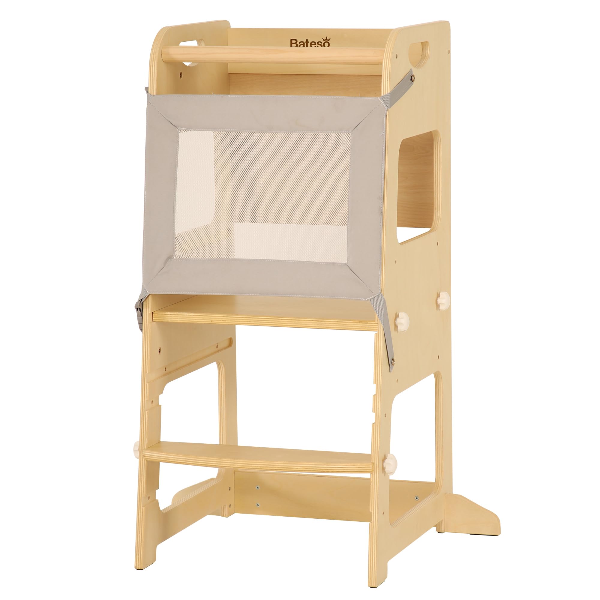 Bateso Basic Learning Tower for Children with Protective Net, Height-Adjustable Montessori Wooden Learning Tower, Standing Tower for Kitchen Counter, Montessori Kitchen Stool Aid for Children from 1-6