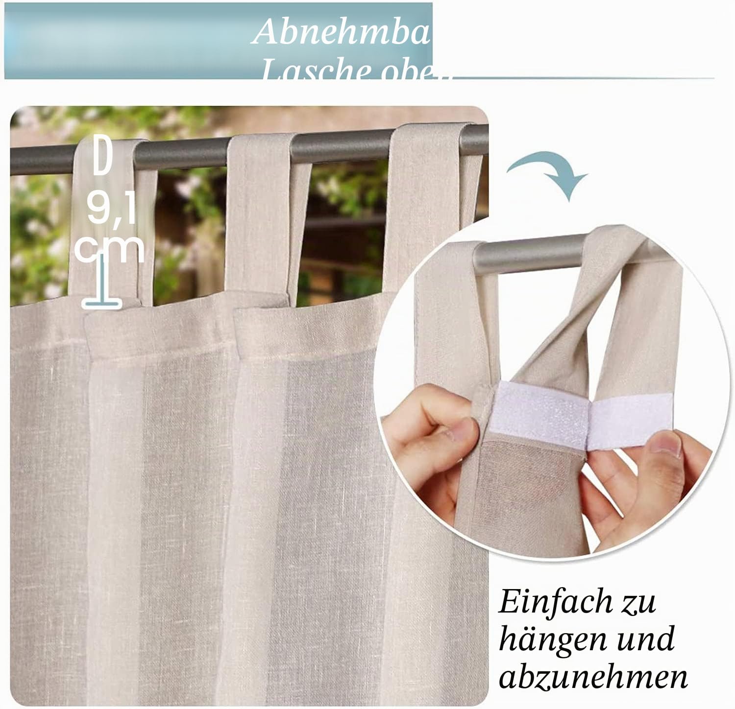 Outdoor Vorhänge, Abnehmbares, Klebriges Tab-Top Zum Einfachen Aufhängen Und Abwickeln, wasserdichte Außenveranda Mit Weißem Gardinen-Innendeck Im Freien, 2 Paneele (2X 132x240 cm,Natürlich)