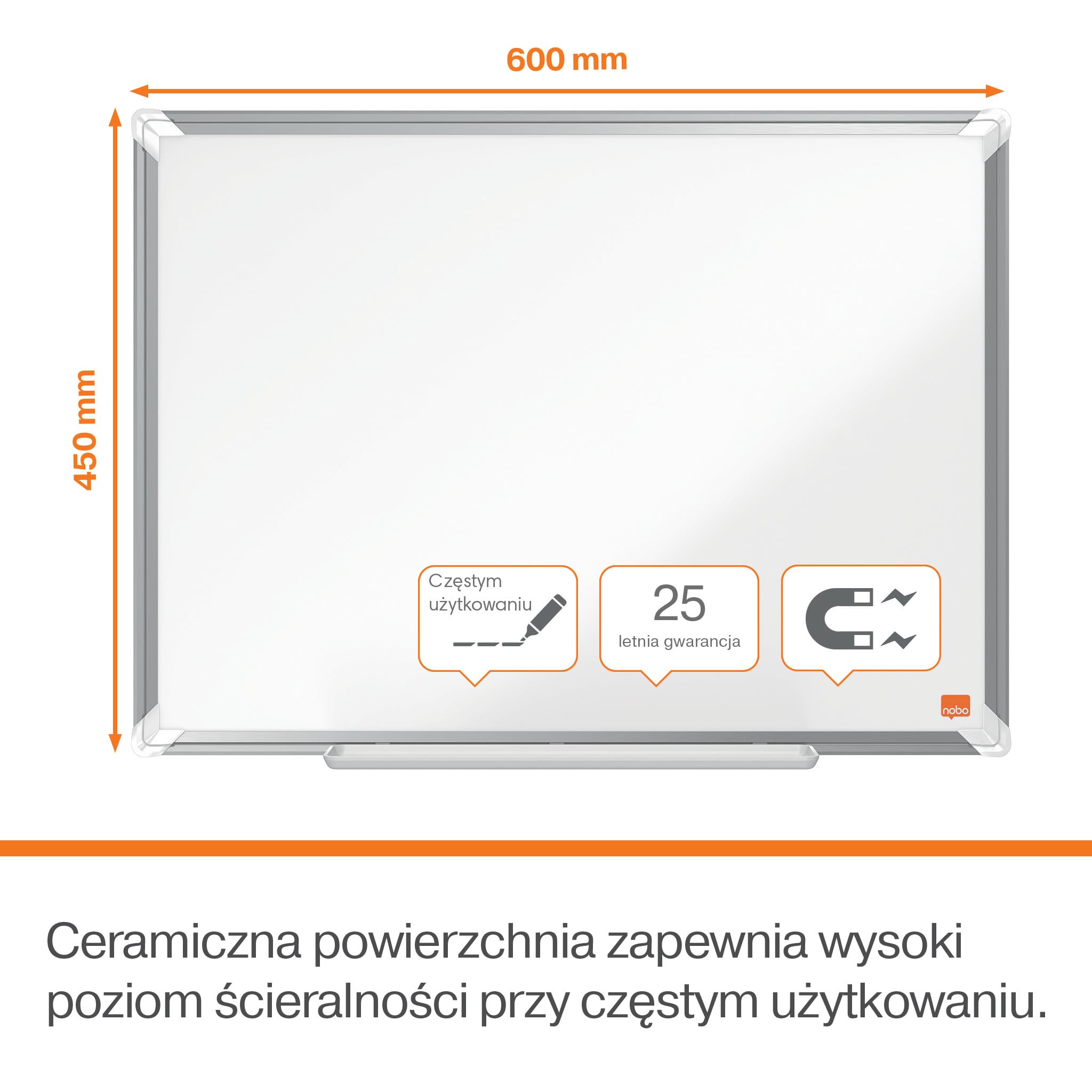 Nobo Emaliowana tablica magnetyczna 600 x 450 mm, listwa aluminiowa, montaż narożny, z długopisem do tablicy, Premium Plus, biała, 1915143