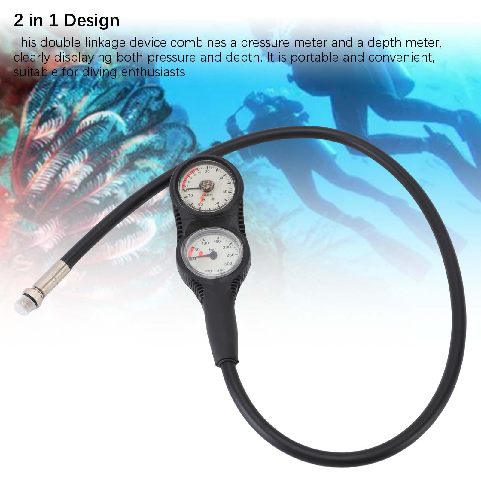 Medidor de Profundidad de Presión de Buceo, Consola de Doble Enlace con Pantalla Clara para Buceo, Material TPR Marco Negro Esfera Blanca