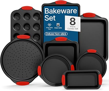 BAKKENMASTER Baking Set 8 Piece Kitchen Oven Bakeware Set Deluxe Non-Stick Black Coating Inside and Outside Carbon Steel Red Silicone Handles PFOA PFOS and PTFE Free by Bakken