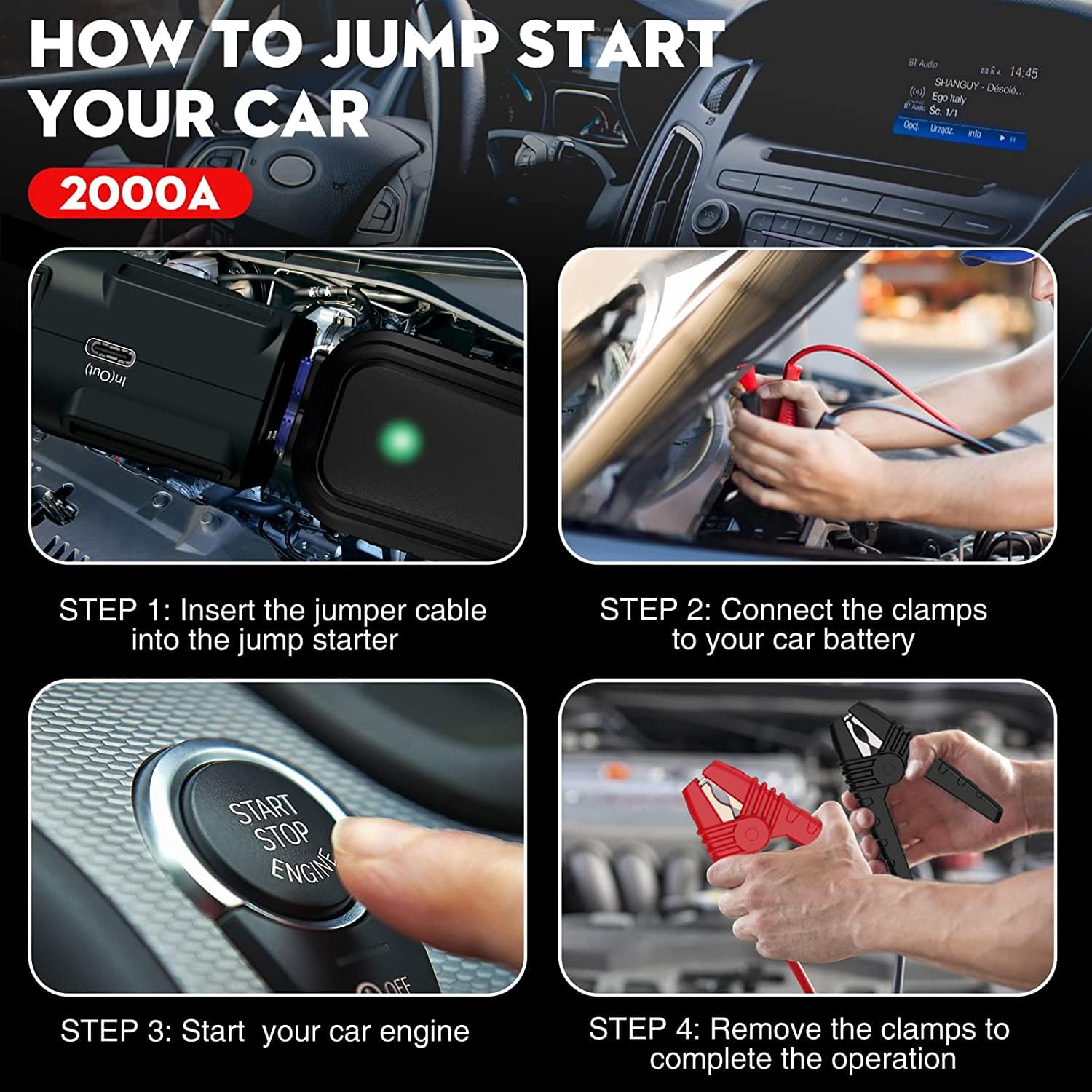 NEXPOW Avviatore Batteria Auto, 2000A 18000mAh Portatile Avviatore di Emergenza (per Motori Fino a 7.5L Benzina/6L Diesel), 12V Booster Avviamento Auto con Torcia a LED&USB Quick Charge 3.0