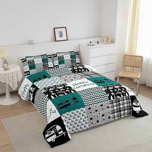 Miniatura 2 de Erosebridal Edredón de plumón para niños, juego de ropa de cama de campamento feliz, juego de edredón geométrico a cuadros de hoguera para niños,