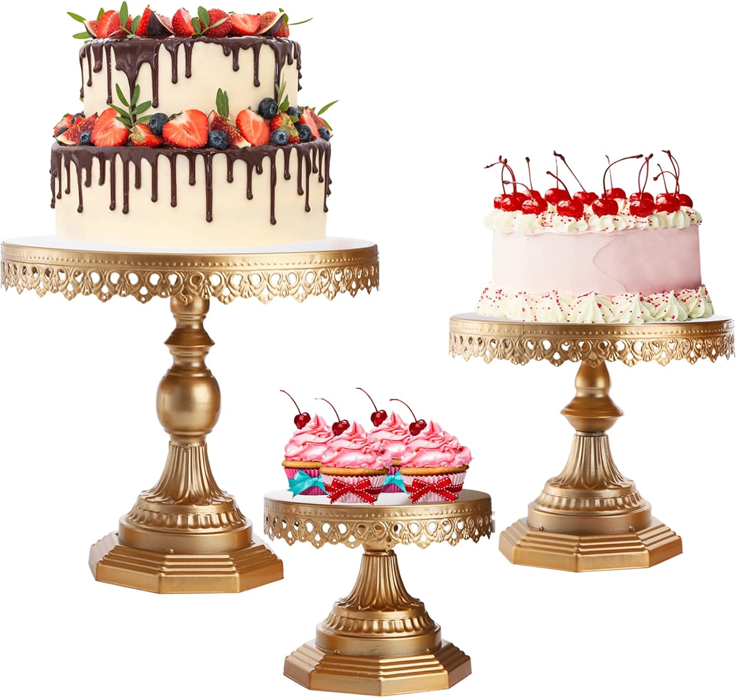 YOUEON Set of 3 Metal Gold Cake Stands, 8/10/12 Inch Round Metal Cupcake Display Stands, Dessert Stand Cake Stand for Dessert Table, Weddings, Birthday, Parties, Octangular Pedestal