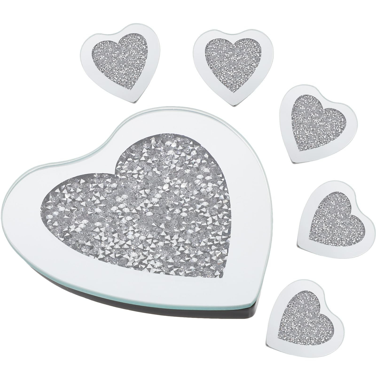 Posavasos de Vidrio Forma de Corazón, 6 Piezas, Plata | Resistentes al Calor Rayaduras, para Restaurante y Bar, Diseño Elegante para Mesa