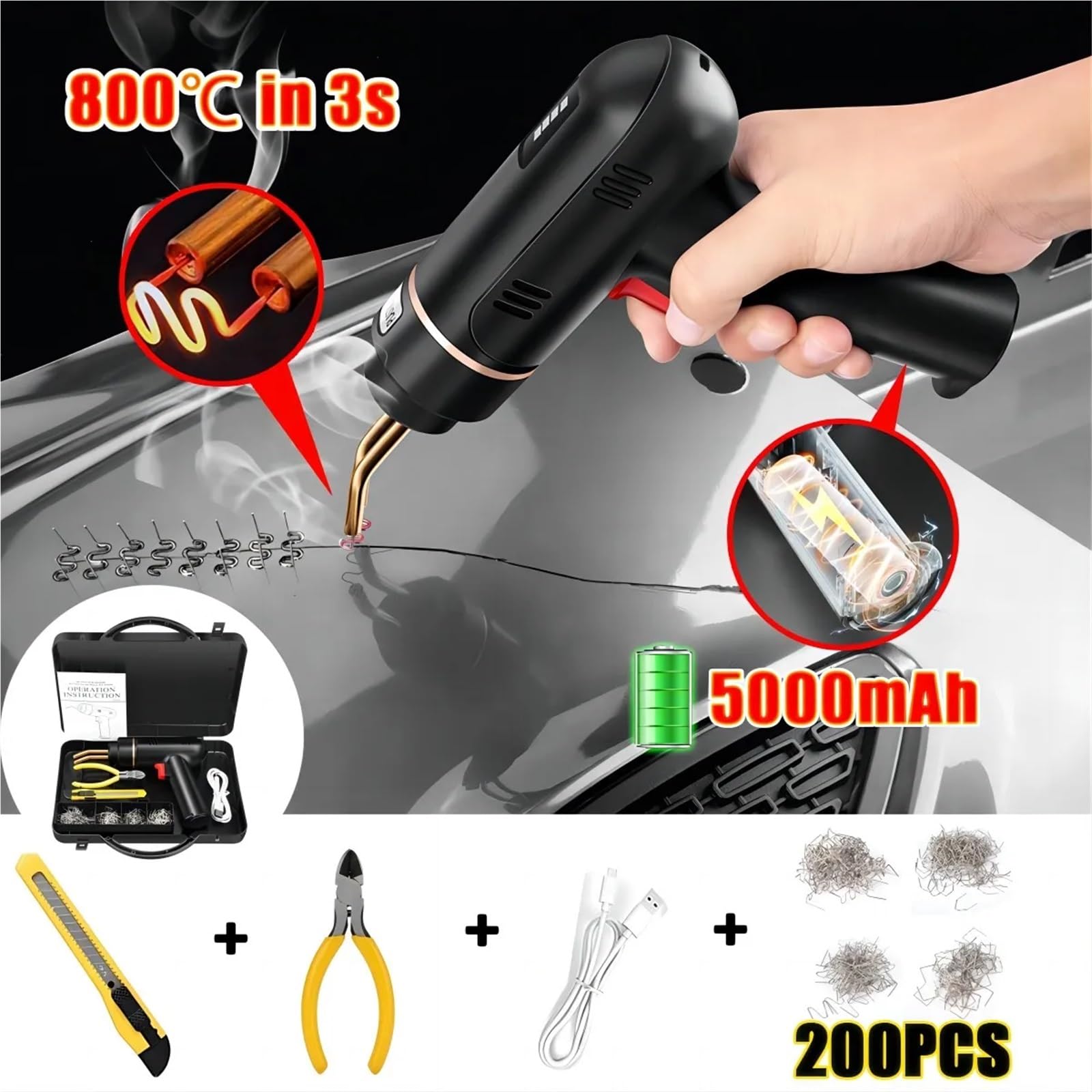 Kit pistola per saldatura plastica senza fili 200W ricaricabile 200 pezzi di punti metallici Kit di strumenti per la riparazione di crepe auto Kit Riparazione Paraurti Auto