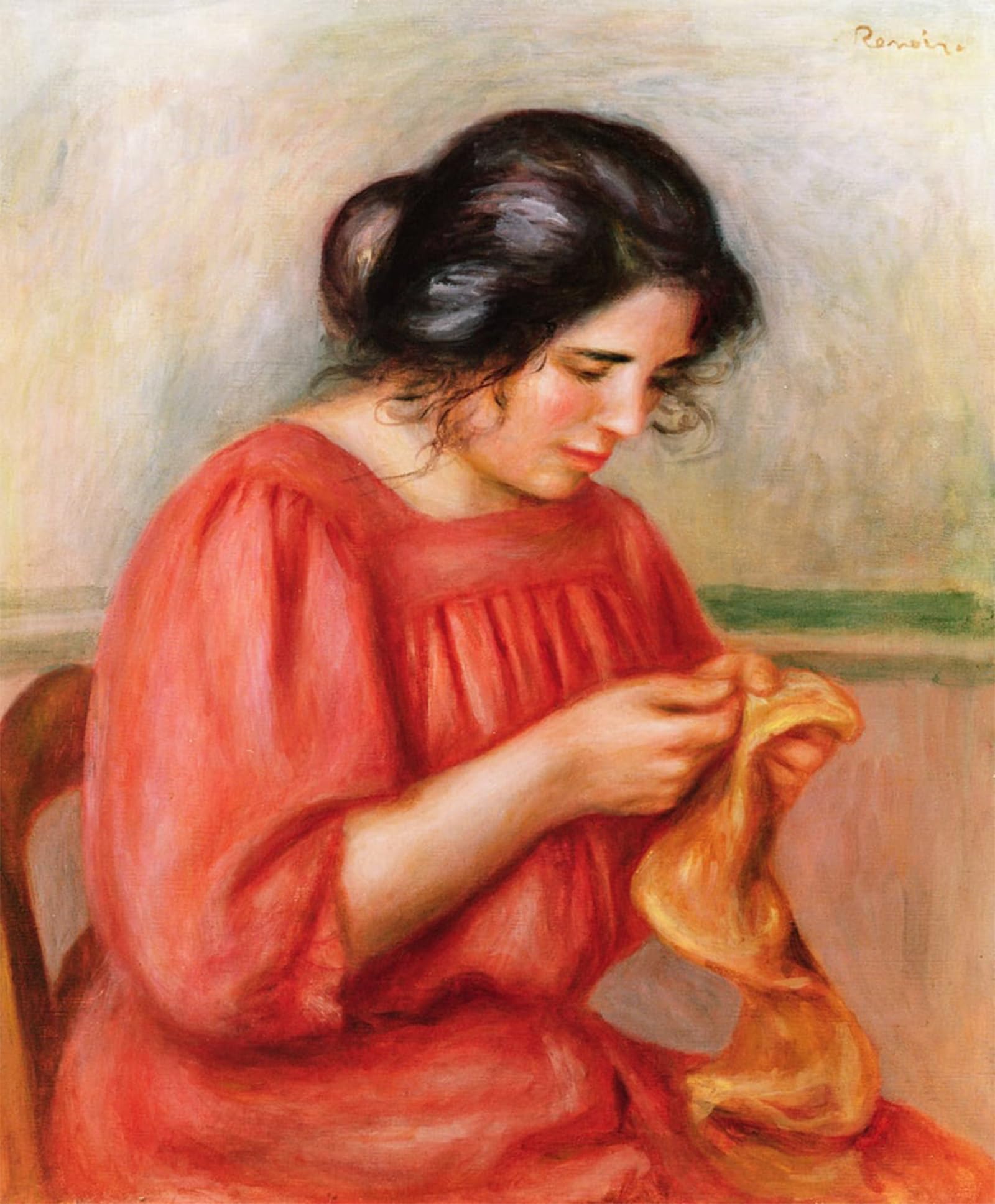 ARTXLXXBN Famous Painting Canvas Artwork Graffiti Print Gabrielle Darning by Pierre Auguste Renoir Portrait Canvas Image for Home Decor 60x90cm