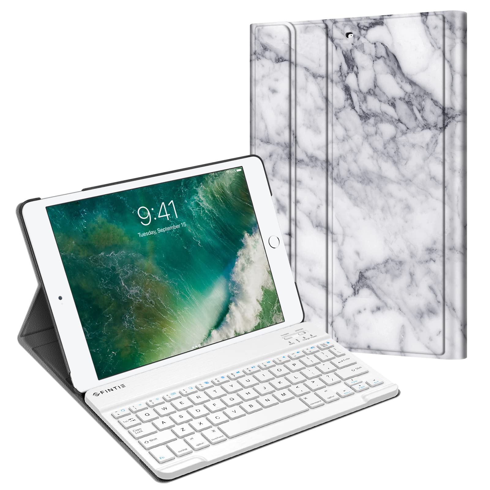 Fintie Keyboard Case for iPad 9.7 2018 2017 / iPad Air 2 / iPad Air - Slim Shell Stand Cover w/Magnetically Detachable Wireless Bluetooth Keyboard for iPad 6th / 5th Gen, Marble White