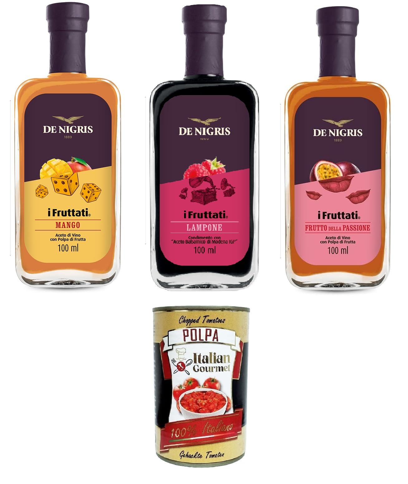 Italian Gourmet Testpaket I Fruttati condimento fruttato Mix, 3 x 100ml | Passionsfrucht, Himbeere und Mango; agrodolce italiano per Insalate, Bowls, Gesamtnettogewicht 300 ml + Kostenlos Polpa 400g