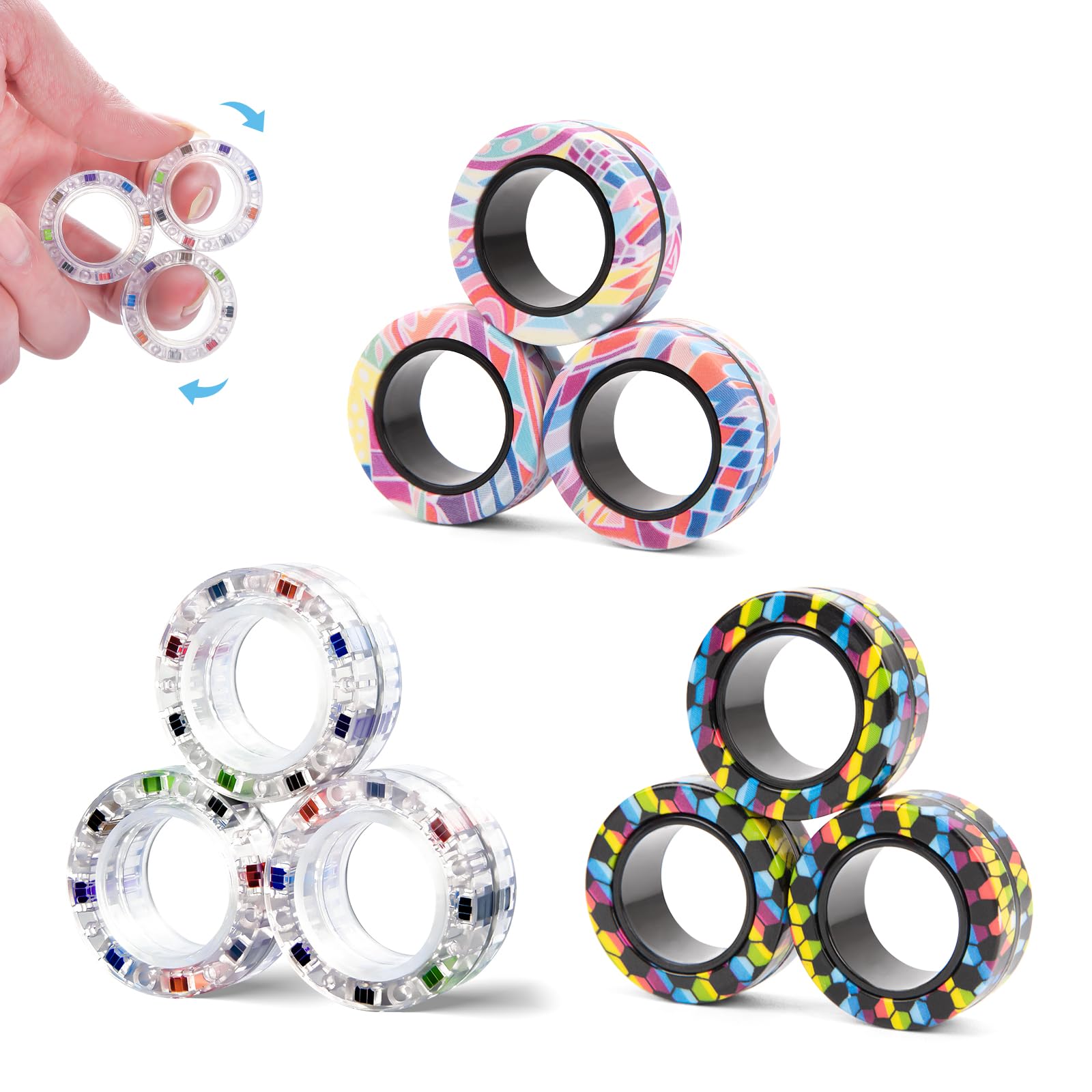 9Pcs Magnetic Rings Fidget Toys for Adults and Kids,Fidget Spinner Rings for Anxiety Relief Therapy Toys for Boy and Girl Ages 8-13,Teens Gift for Teen Party Favors Stocking Stuffers