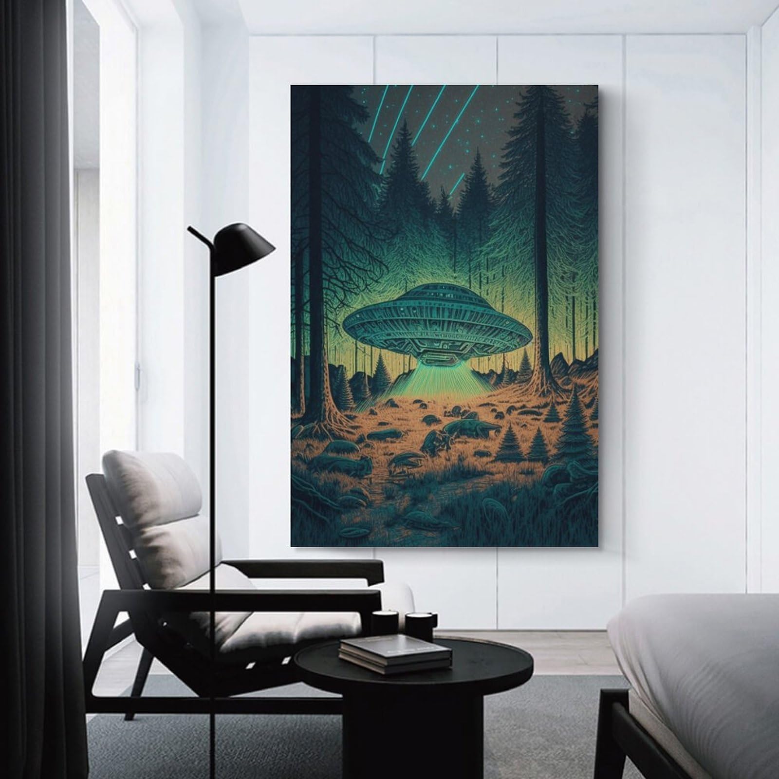Junmoney Unframe-Style-11 Ufo Forest Encounter Room Decor Wall Art 24X36inch(60X90cm), For Lounge Decor, Offices Or Entryway Styling, A Flexible Wall Accent For Shared Spaces