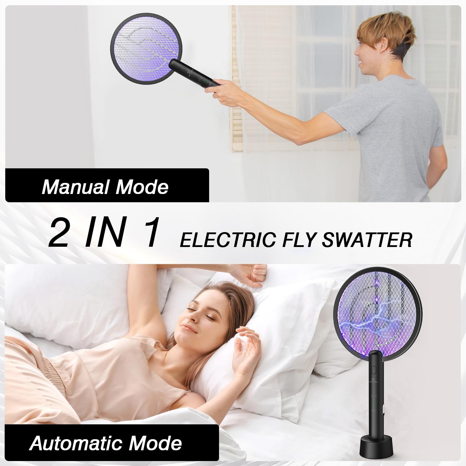 2 Pezzi LED Racchetta Zanzare Elettrica, 4000V con USB Ricaricabile 2-In-1 Racchetta Zanzare Elettrico, Protezione Maglia a 3 Strati, Adatto per Campeggio Interni ed Esterni, Nero