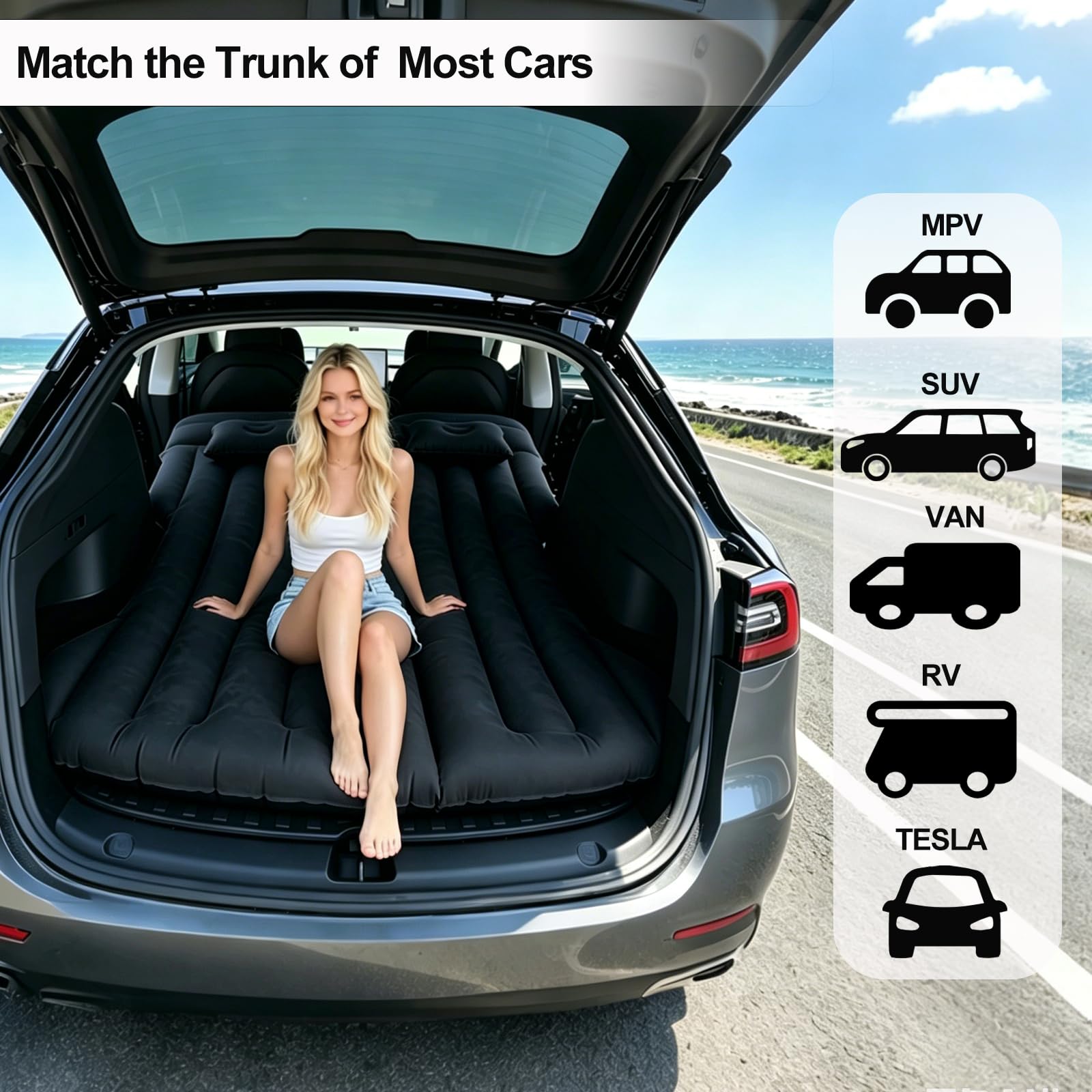 Przenośne Materac Dmuchany do Tesla Model Y i SUV | 190x130 cm, z pompą powietrzną, wysoka obciążalność 300 kg, 4 oddzielne komory gazowe, wytrzymały materiał PVC, składany
