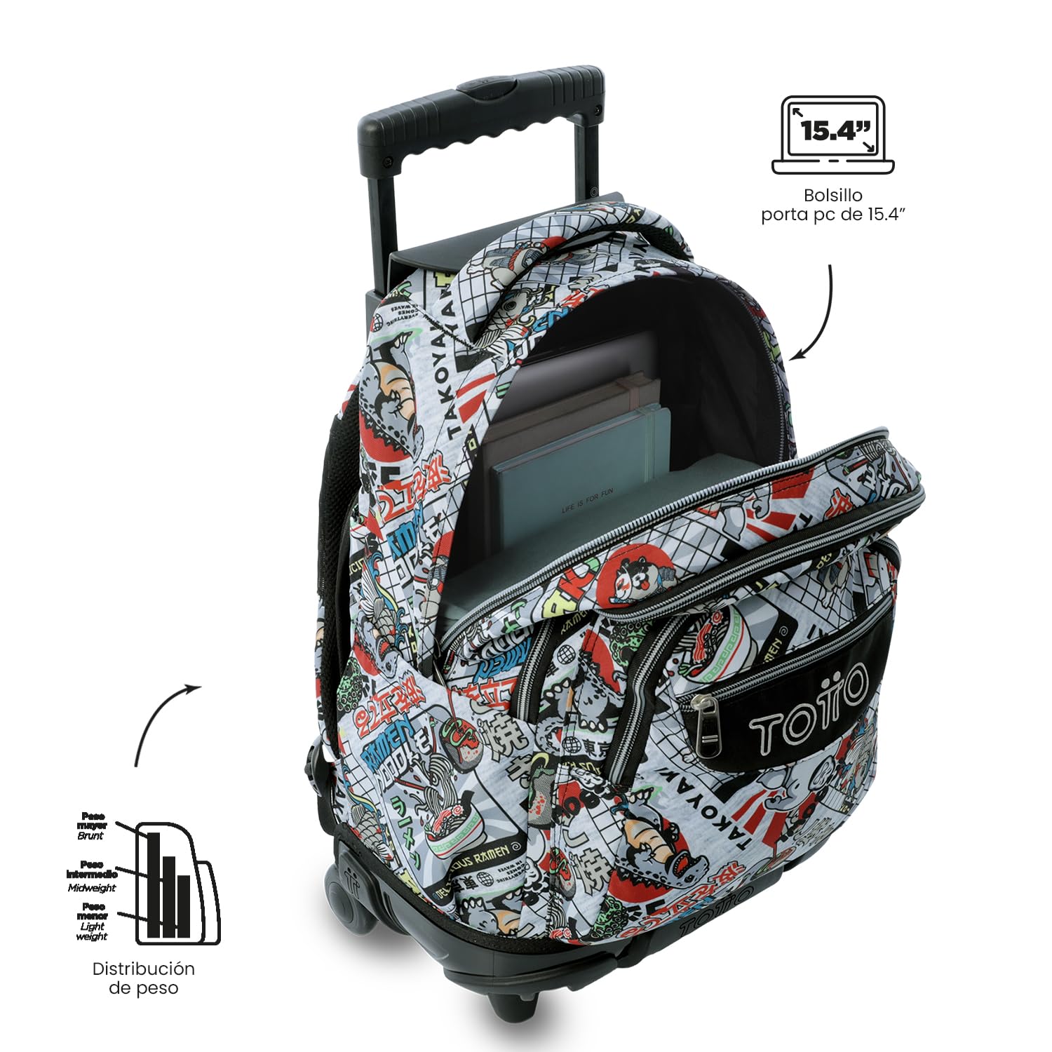 TOTTO - Mochila Escolar con Ruedas, Modelo Renglones, Capacidad 26,21 Litros, Bolsillo para PC 14", Bolsillo Botella, Correas en S para Mayor Comodidad, Resistente, Estampado Ramen Gris