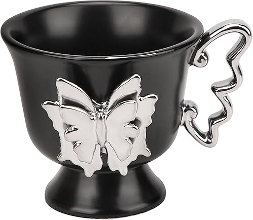 Taza de café de cerámica, taza de café artística con mariposa plateada 3D y mango en forma de mariposa, elegante taza de té vintage para leche, té,