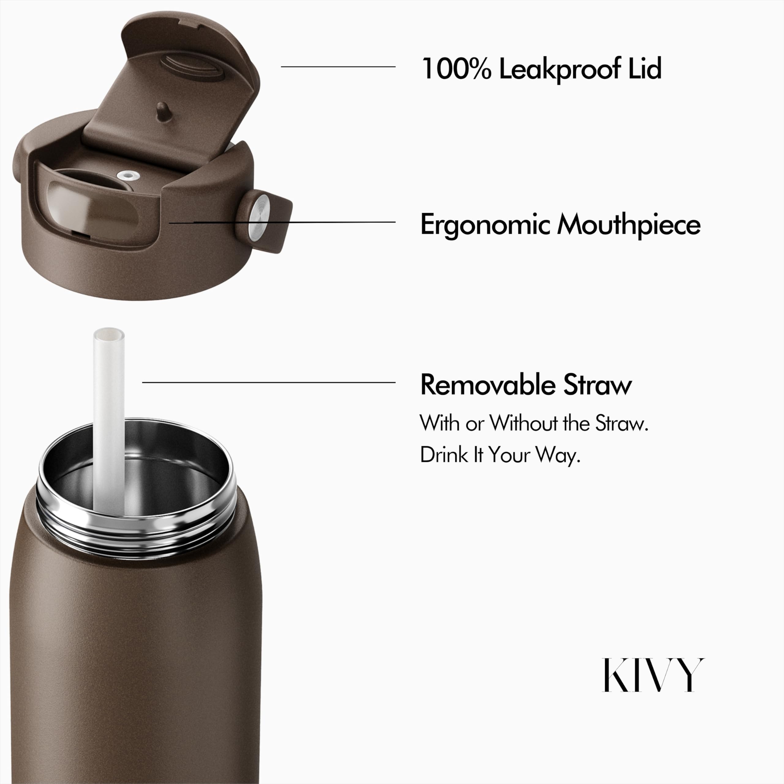 KIVY Borraccia in acciaio inox da 1 litro con cannuccia, thermos da 1 litro, lavabile in lavastoviglie, bottiglia d'acqua termica per palestra e fitness, sport, borraccia termica in acciaio inox | 24 ore di freddo, 12 ore di caldo, a prova di perdite, iso