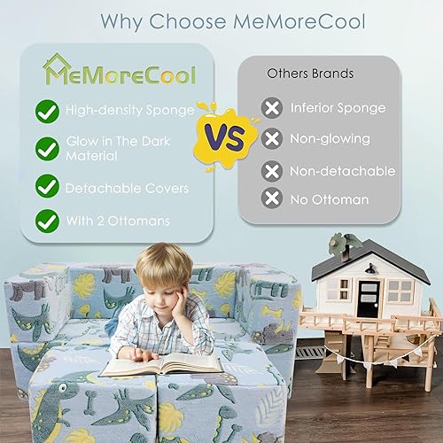 Miniatura 4 de MeMoreCool Sofá infantil para niños, sofá plegable de dinosaurio que brilla en la oscuridad, sofá de bebé, muebles de dormitorio para niños, sofá de