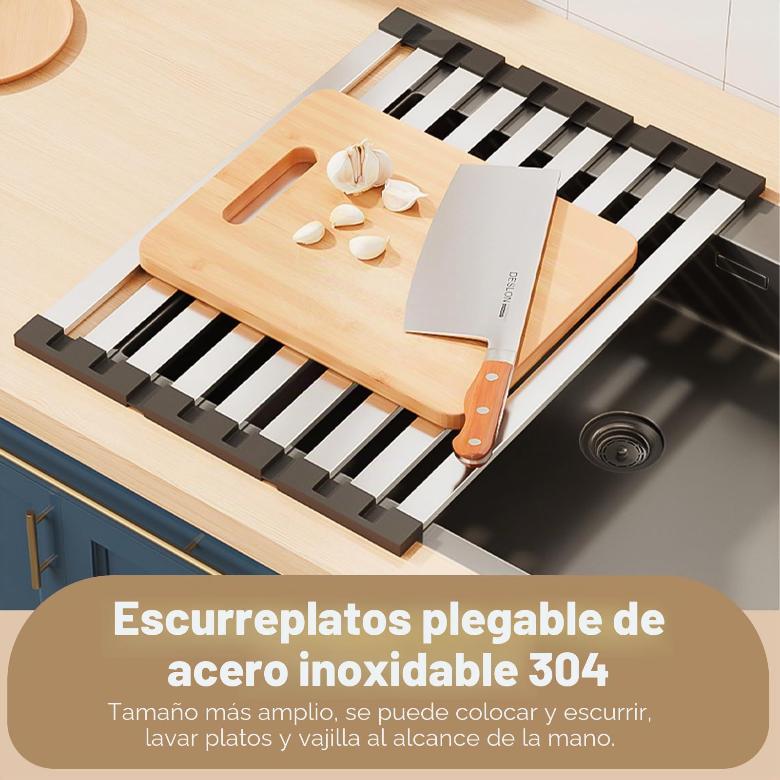Escurreplatos para el fregadero, Escurreplatos plegable de acero inoxidable para la cocina, alfombrilla para escurrir, escurridor resistente al calor (55 x 32,5 cm)