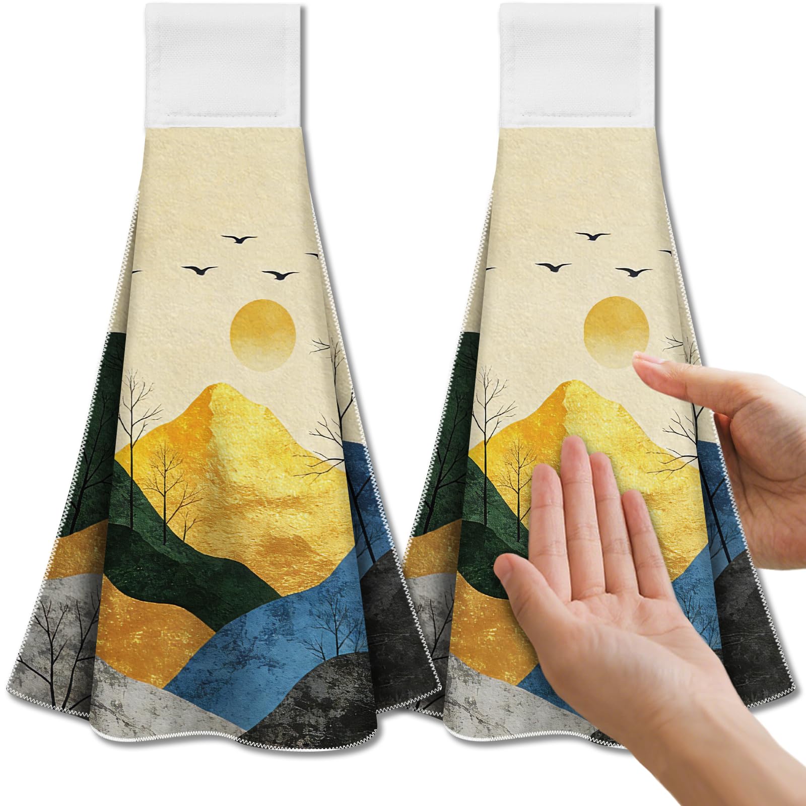 CUTHOLLOW 2PCS Gold Mountains and Tree Tea Towels for Kitchen with Loop, 31.5x43.5cm Soft Super Absorbent Microfiber Decorative Hanging Dish Towel, Tea, Coffee Towel for Kitchen Bathroom Oven Handle