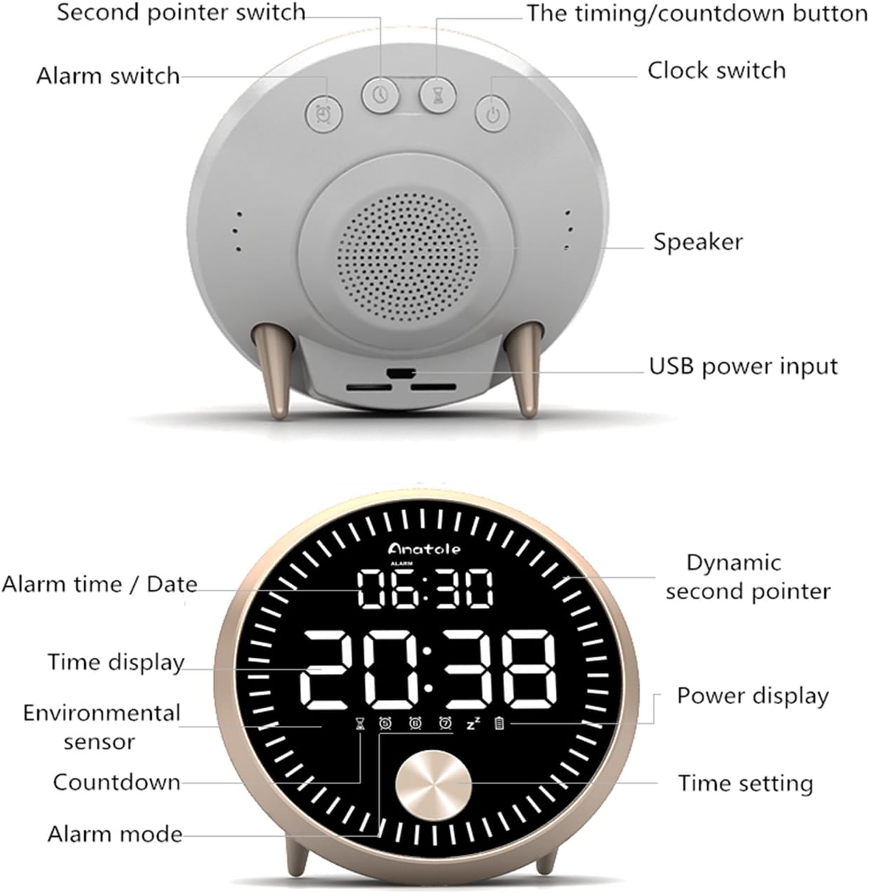 目覚まし時計 アラーム LED時計 デジタル usb充電 自然音 音声コントロール　ダイナミック秒針　カレンダー 表示 家 寝室 オフィス用　おもしろ