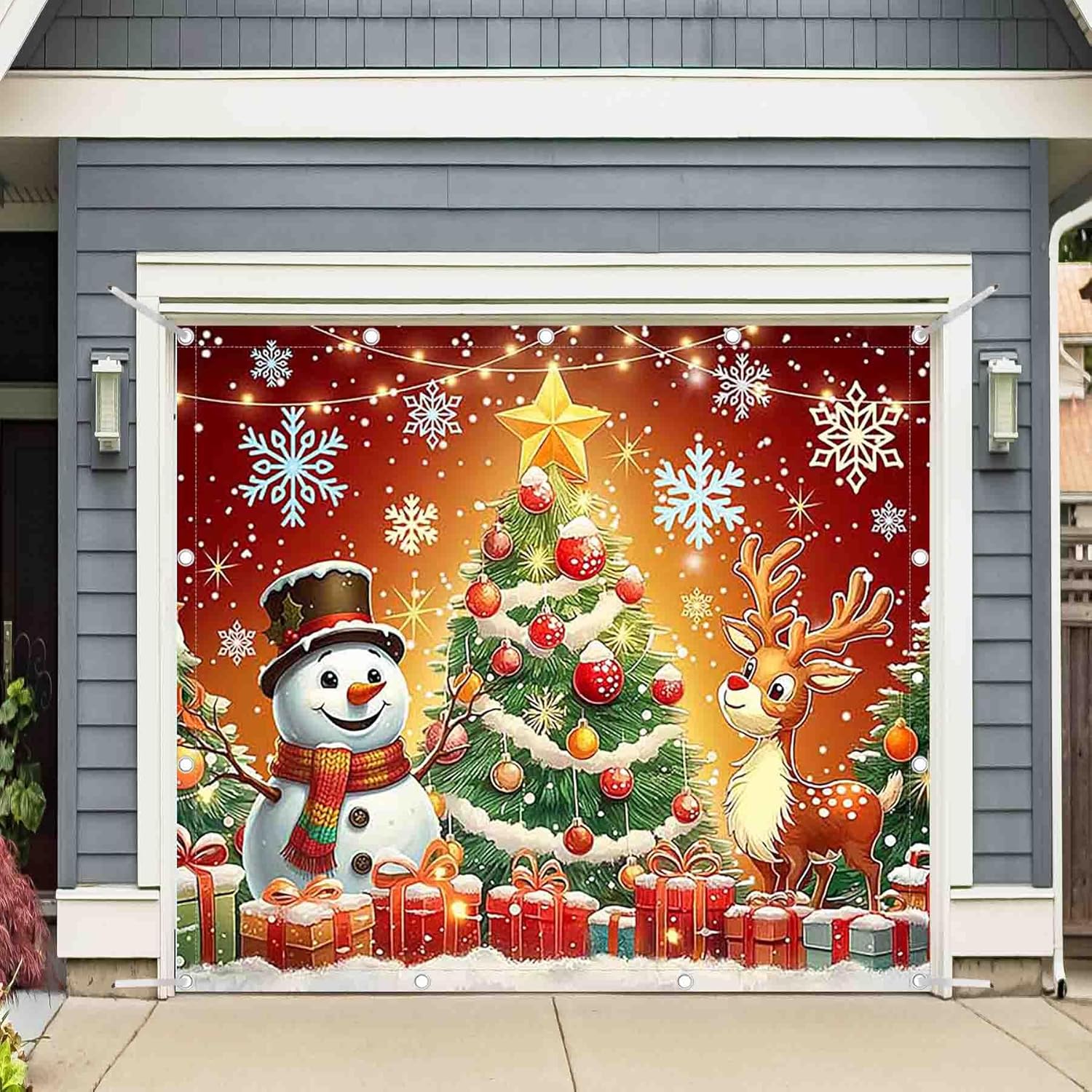 ZTHMOE 1PC 16x7ft Christmas Garage Door Banner Decorations Snowman Xmas Tree Snowflake Gift Photography Backdrop Home Outdoor Indoor Wall Cover Holiday Party Supplies