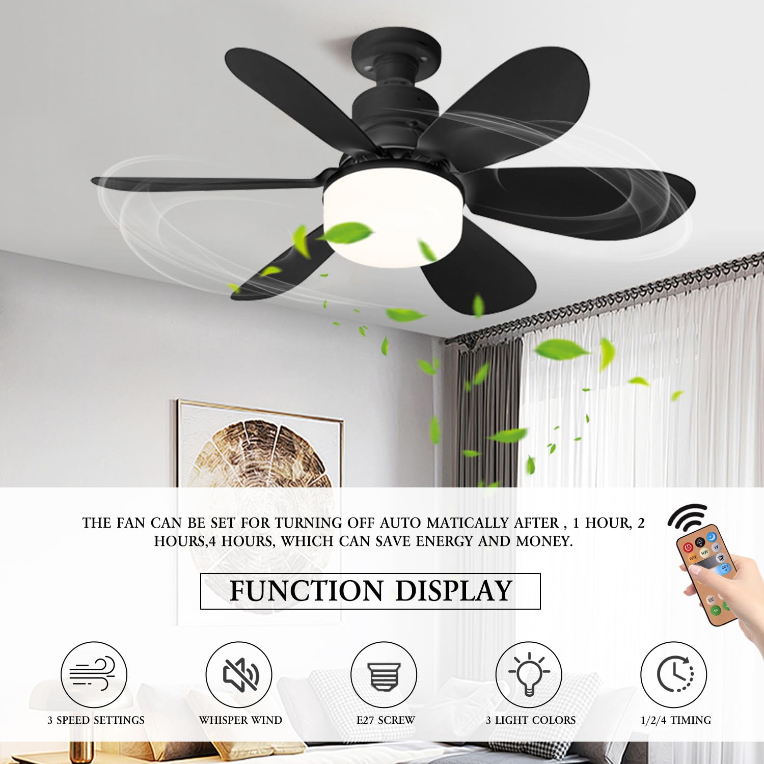 YumSur Ceiling Fan with LED Lights, Ceiling Lamp with Fan and Remote, Timing, 3 Color Dimmable LED, 3 Speeds - Image 2