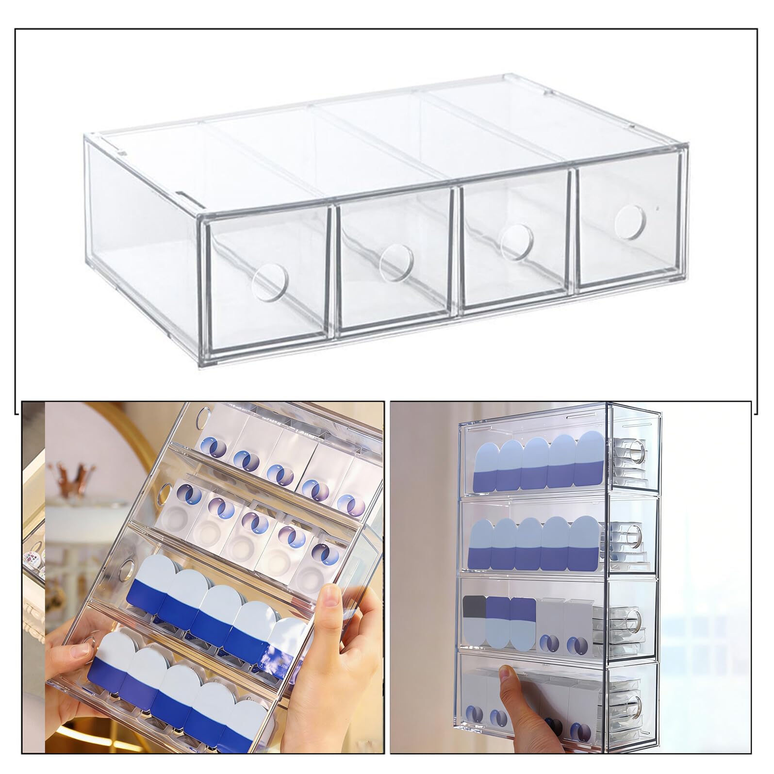 Healeved Organizzatore Cosmetici Scatola Pratica ed in Acrilico Trasparente 4 Scomparti e Impilabili per e Accessori da Bagno