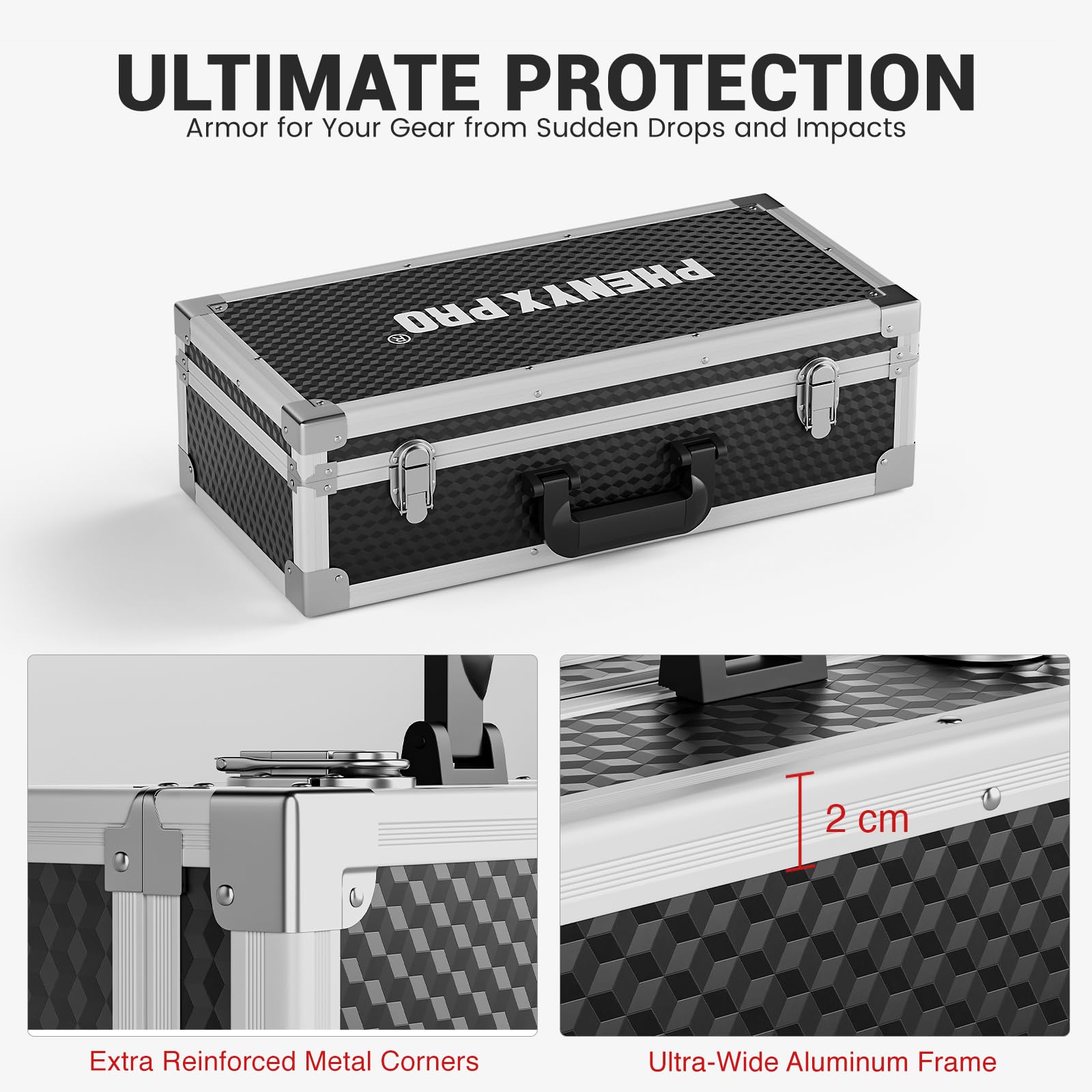 Phenyx Pro Estuche de almacenamiento para equipos, funda de transporte con espuma precortada personalizable, marco de aleación de aluminio, perfecto para sistemas de micrófono inalámbrico (PCSE-L)