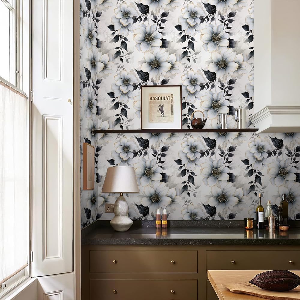 REDAMANCY Black and White Glitter Peony Flower Vintage Luxurious Peel and Stick Wallpaper Vintage Wall Paper Stick on Contact Paper Easy Peel Off for nightstand Drawer Renter Friendly 17.7"x236"