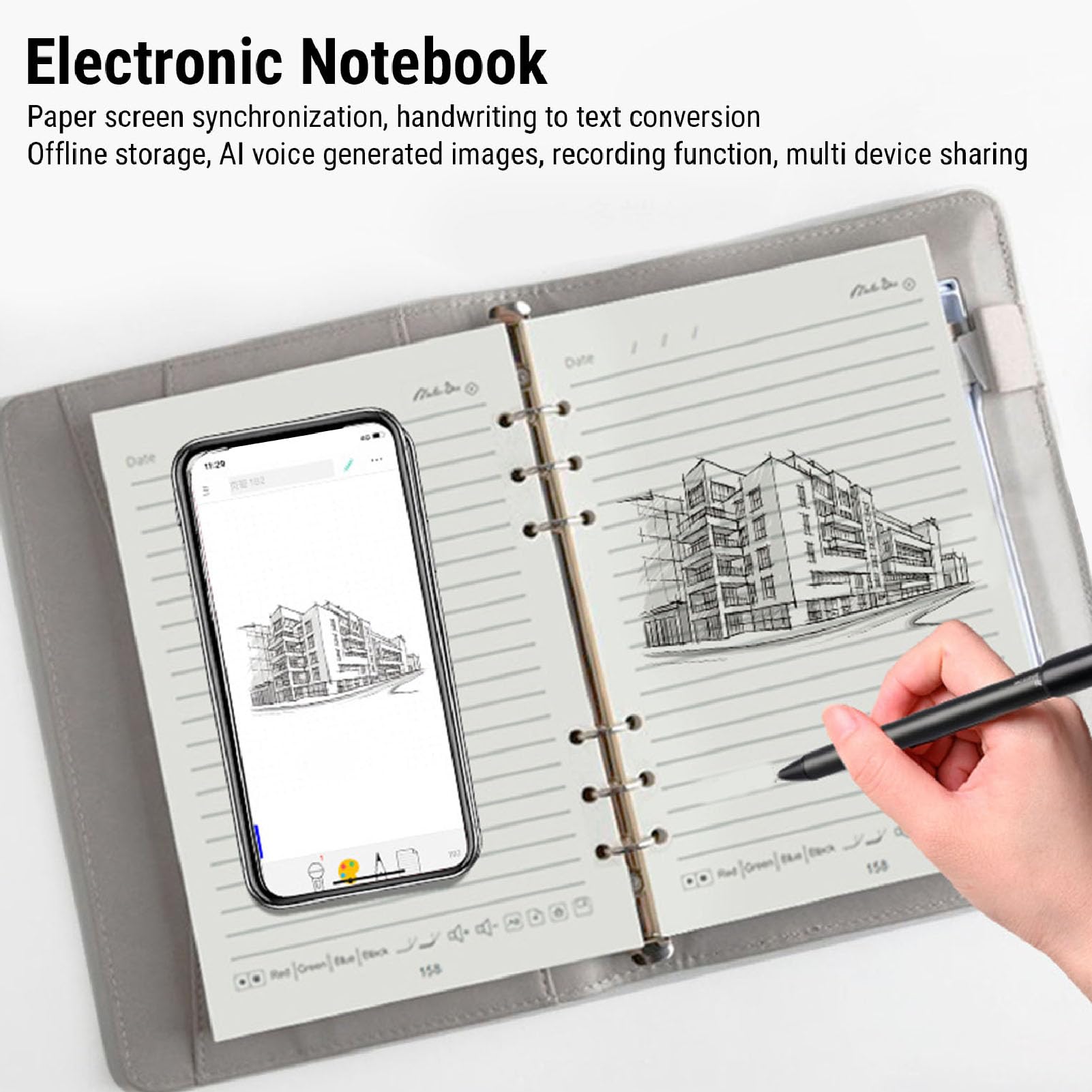 Löschbarer Smart Pen, KI Sprachzeichnung, Echtzeit Synchronisierung, Digitales Notizbuch mit Stifthalter, 160 seitiges Papier Notizbuch für Männer, Frauen, Büro, Schule
