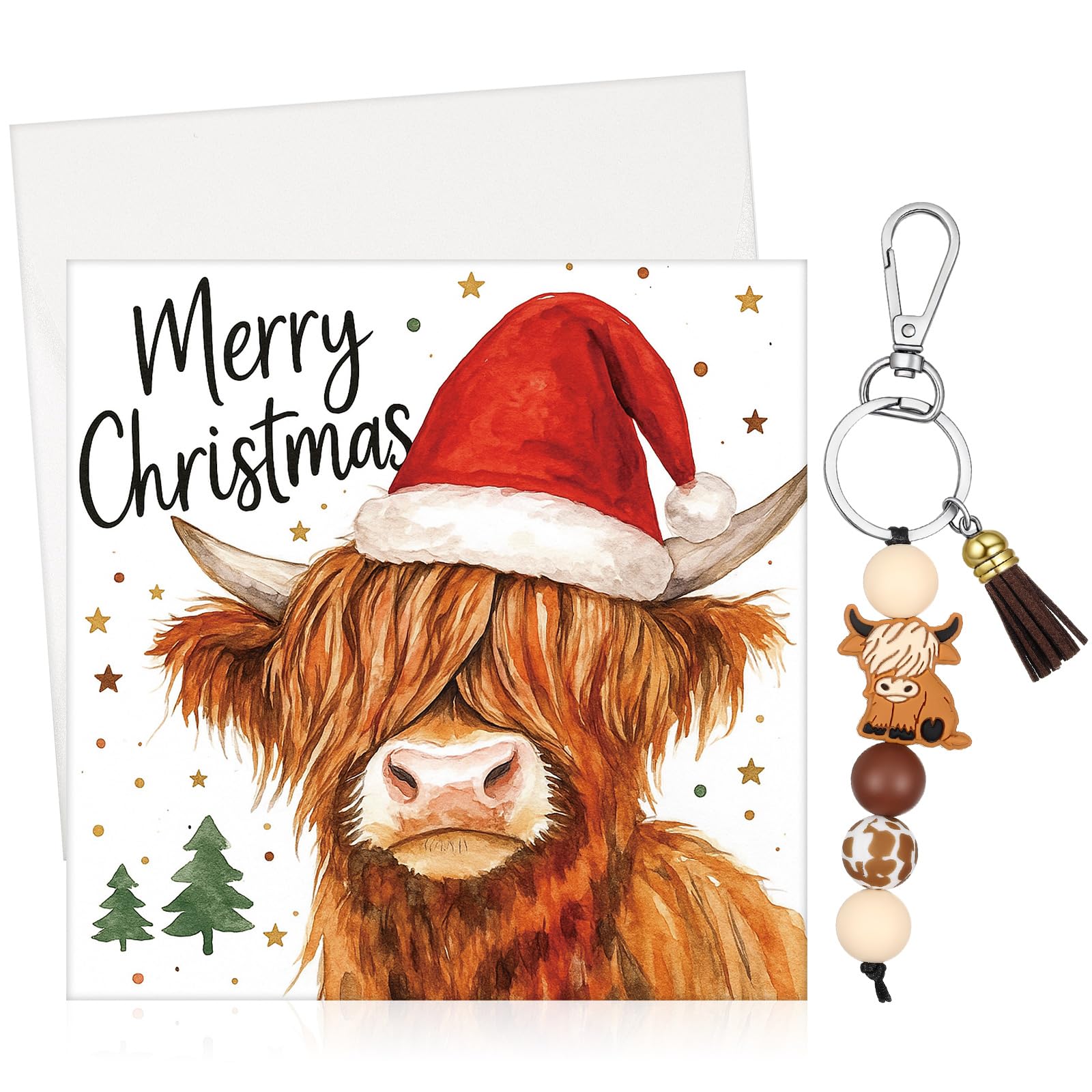 Jadive Highland Cow Card for Women Cow Keyring with White Envelope Funny Gifts Just a Girl Who Loves Highland Keyring (Christmas)