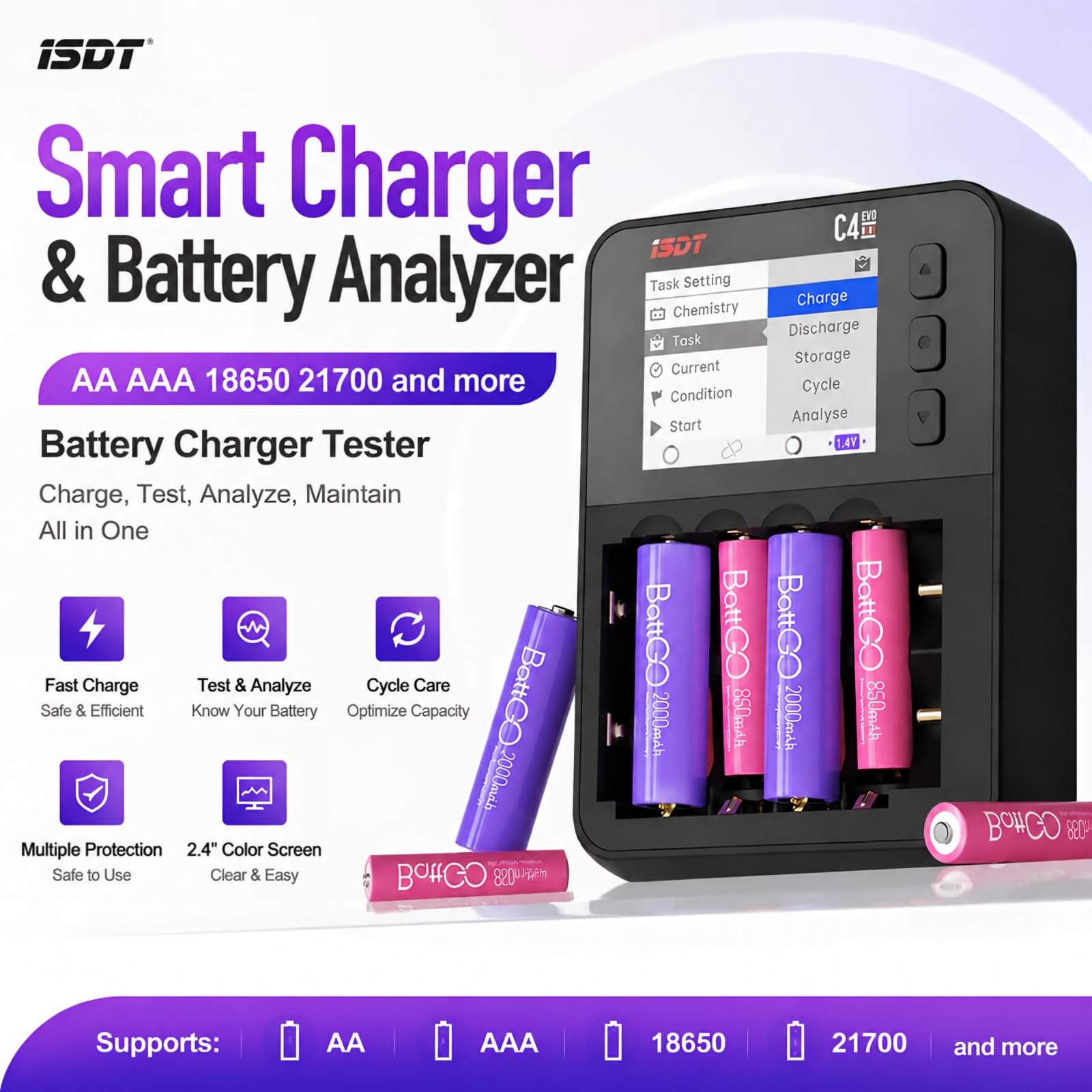 ISDT Professionnel Batterie Chargeur Analyzer Chargeur pour AA AAA 18650 21700, 1.5V Li-Ion 1.2V NiMH Chargeur Intelligent avec LCD Affichage Charge Rapide Réglable Courant