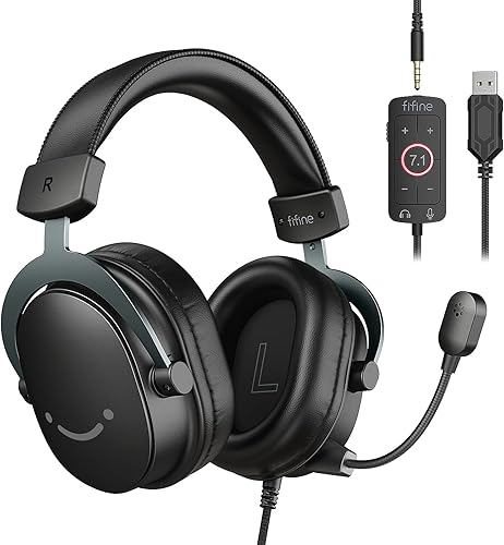FIFINE Auriculares para juegos con cable, auriculares USB con sonido envolvente 7.1, micrófono desmontable, caja de control, conector de auriculares