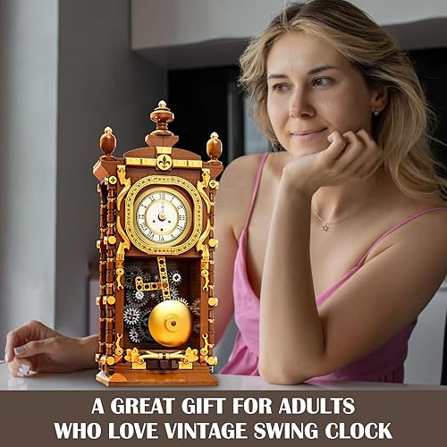 Miniatura 5 de Juego de bloques de construcción de reloj retro, kit de modelo de reloj de péndulo vintage con reloj funcional real, juguetes de regalo creativo