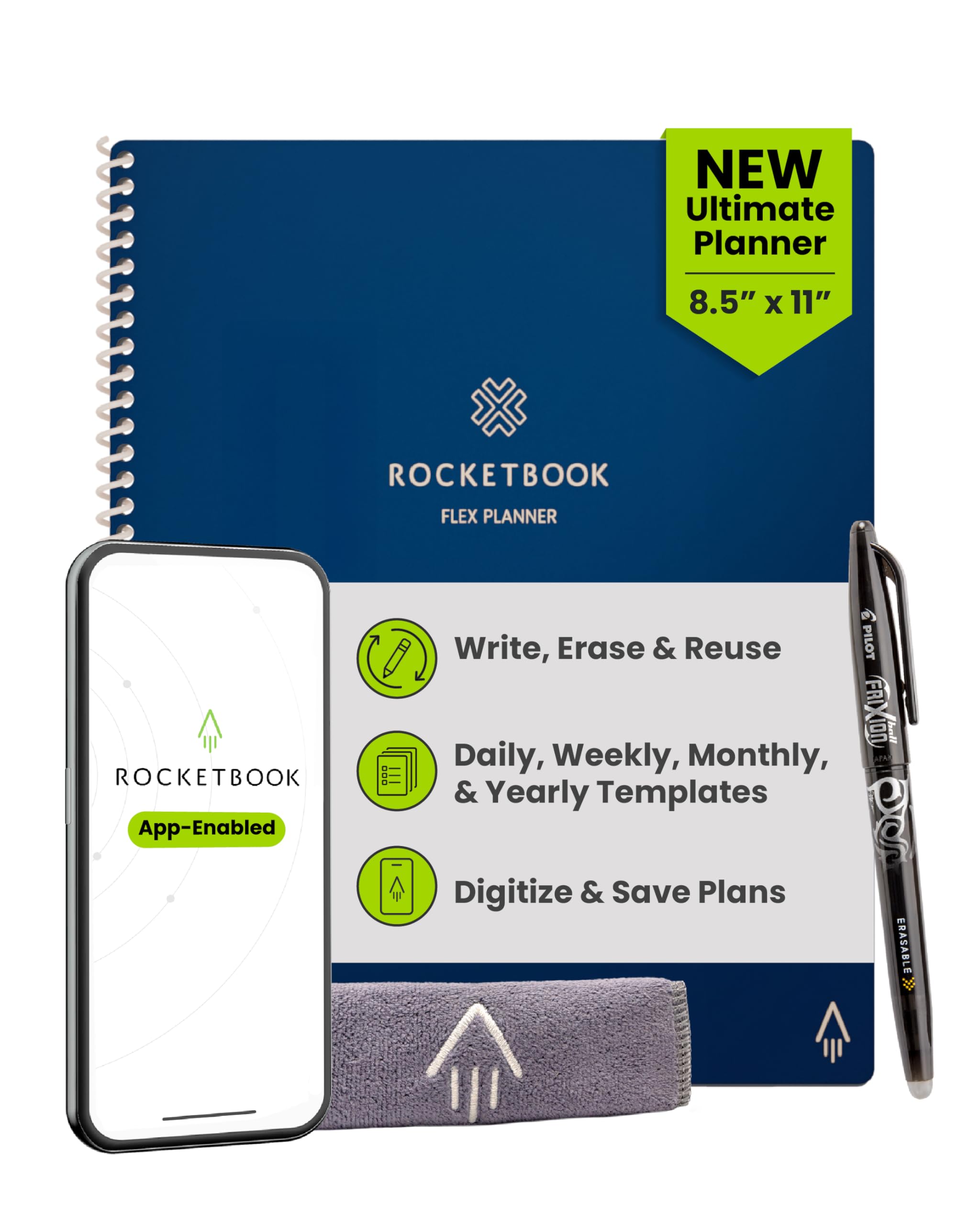 Rocketbook Flex Planner, Reusable Undated Smart, Letter Size 8.5x11 in Navy Blue โ Daily, Weekly, Monthly, Annual Calendar, Tasks, Goals, Scheduling, Productivity, App Connected, Erasable, Durable