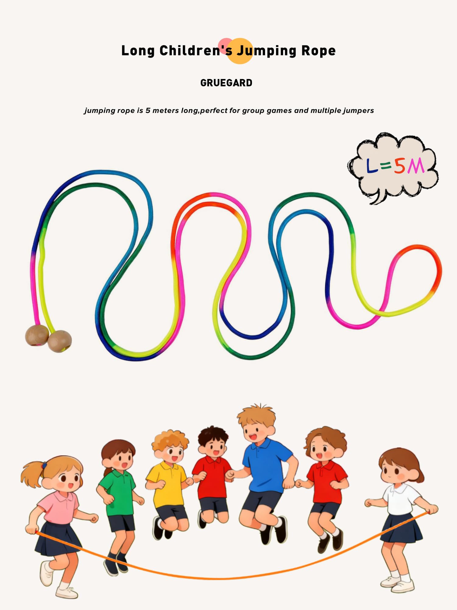 Cuerda de Saltar Niños 5m – Cuerda Larga Multijugador, Cuerda Arcoíris con Mangos de Madera, Skipping Rope para Niñas & Niños de 6 8 10 Años, Juegos de Grupo Escuela Familia