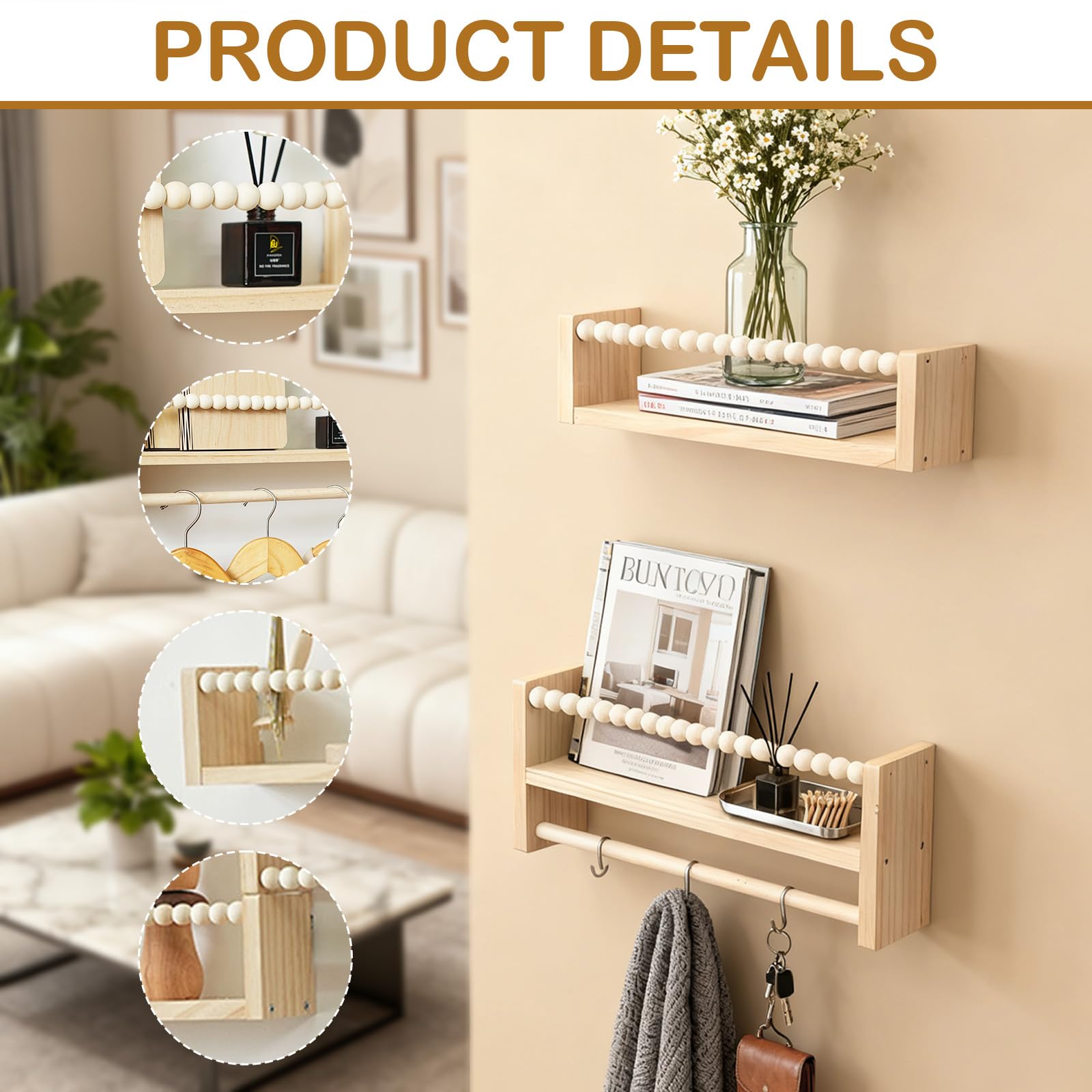 LibreríA Infantil, EstanteríA De Pared De 3 Piezas para HabitacióN Infantil con Cuentas De Madera EstanteríA Flotante para Libros Marcos De Fotos Y Adornos para Cocina Dormitorio SalóN Y BañO