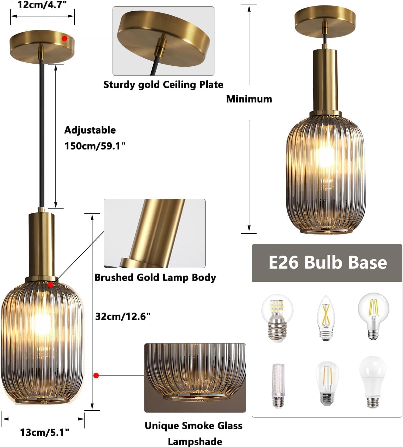 KCO Lighting Mini Smoke Glass Pendant Light Fixture 1-Light Brushed Gold Pendant Lights Kitchen Island Minimalist Globe Pendant Lighting Mid Century Modern Entry Hanging Light