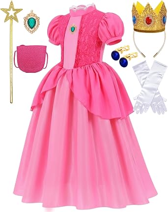 Pink Princess Themed Outfit for Girls Dress Set with Crown Wand Bag Gloves Earrings Royal Dress Up Outfit