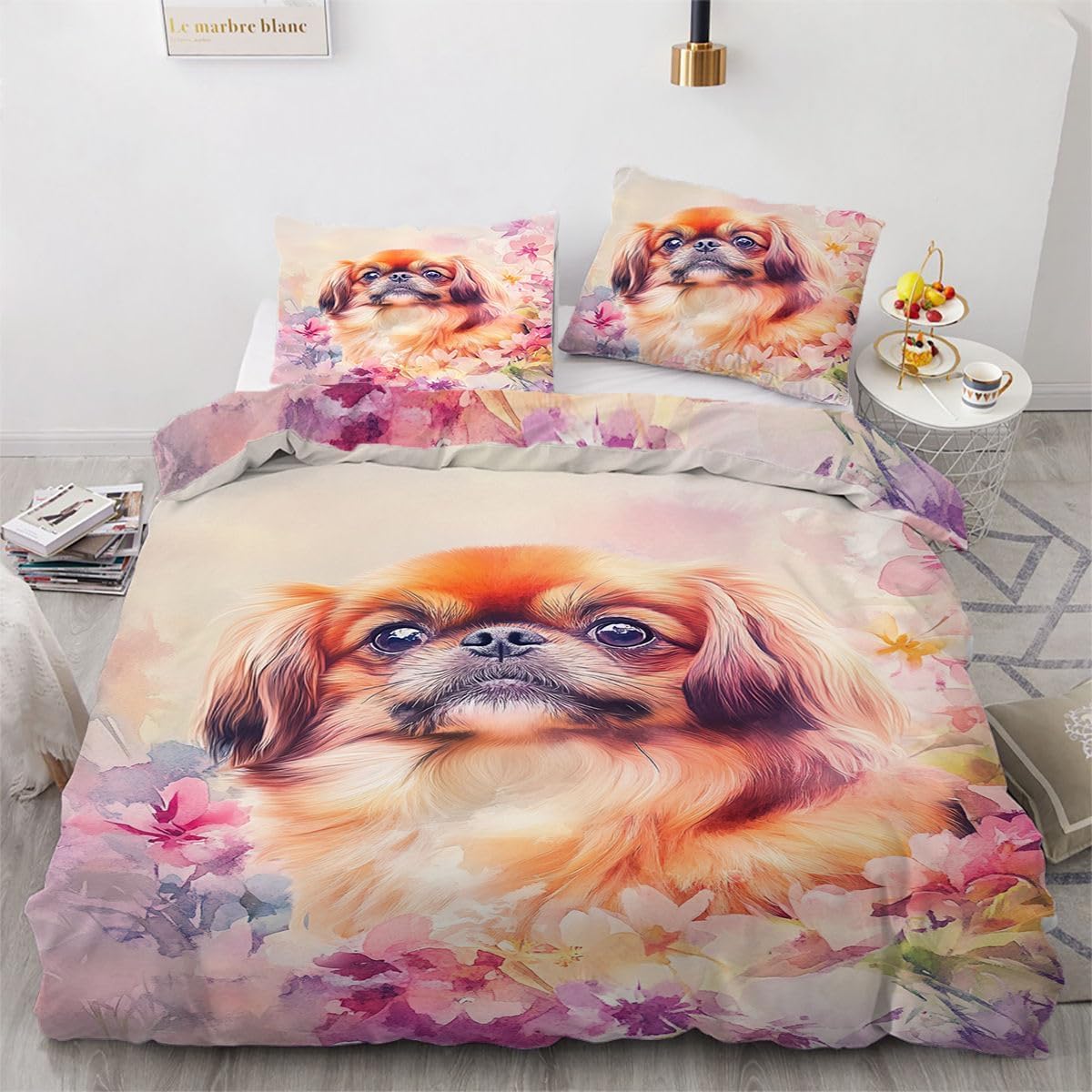 NDXRWDZR Single Bedding Set Pekingese Duvet Cover for Kids Soft Hypoallergenic Microfiber Duvet Cover with Zipper Closure, 1 Duvet Cover 135x200 cm + 2 Pillowcases 50x75 cm
